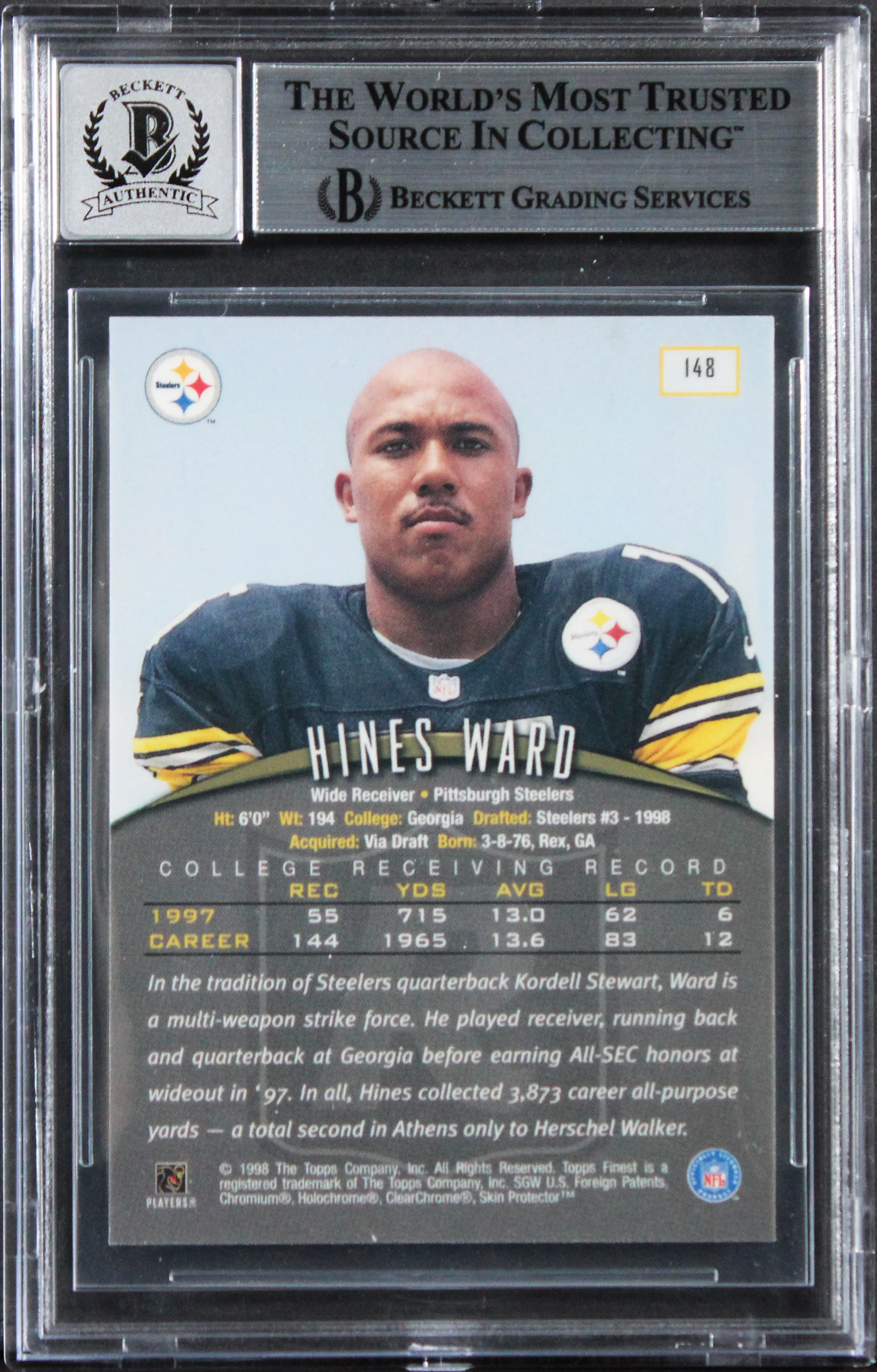 Steelers Hines Ward Signed 1998 Finest #148 Rookie Card Auto 10! BAS Slabbed - Image 3