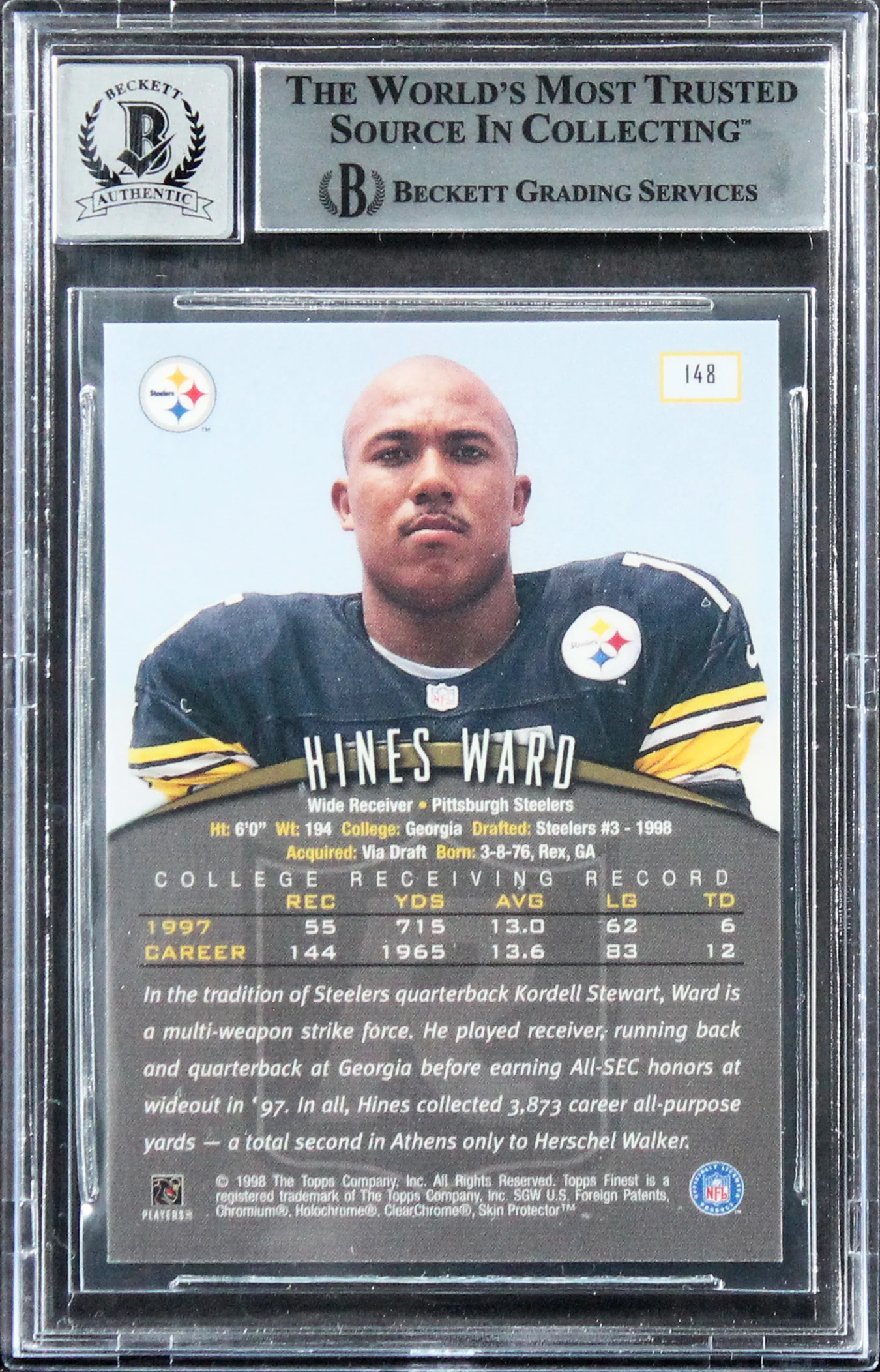 Steelers Hines Ward Signed 1998 FInest #148 Rookie Card Auto 10! BAS Slabbed - Image 3
