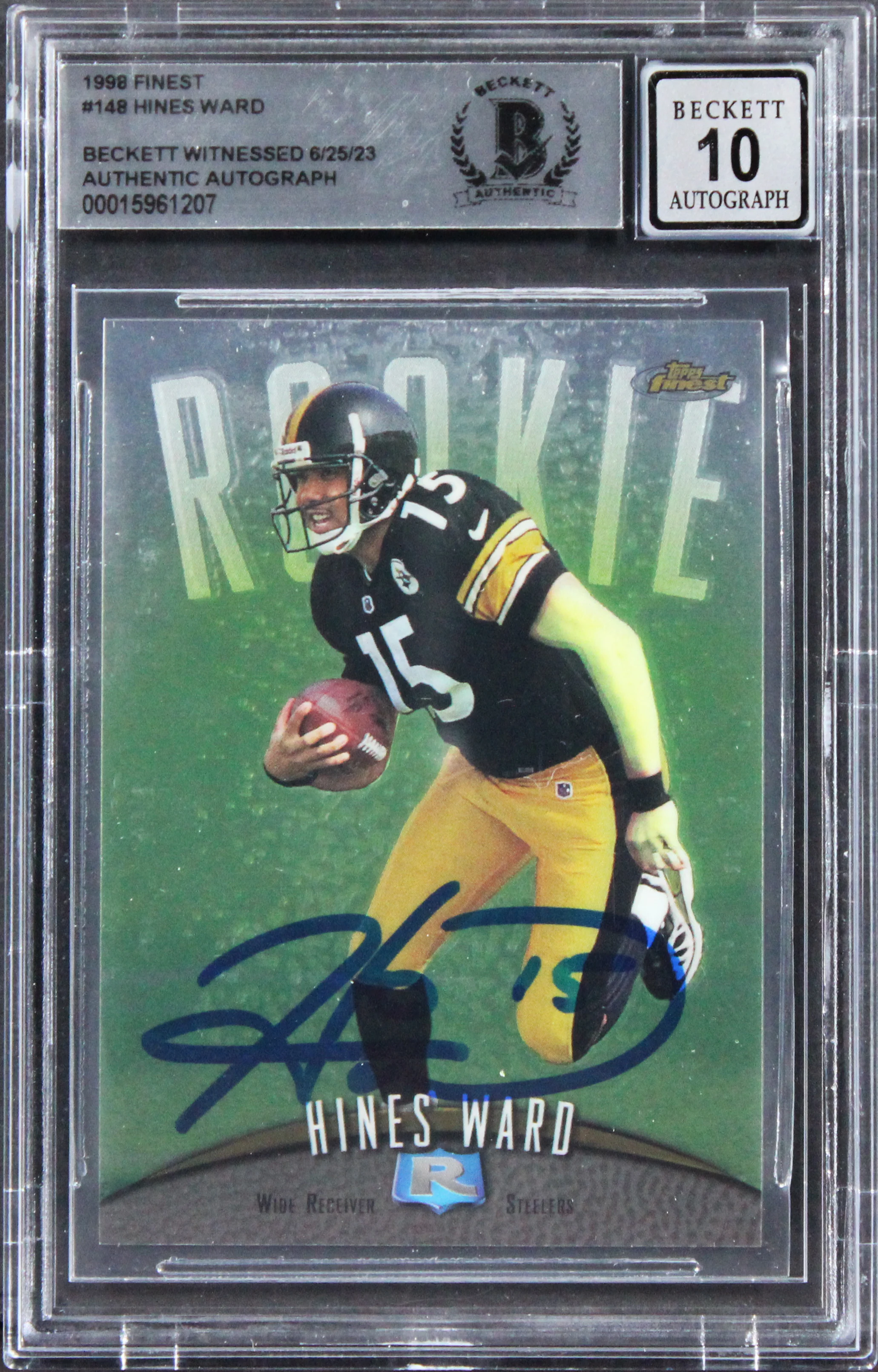 Steelers Hines Ward Signed 1998 Topps Finest #148 Rookie Card Auto 10! BAS Slab - Image 2