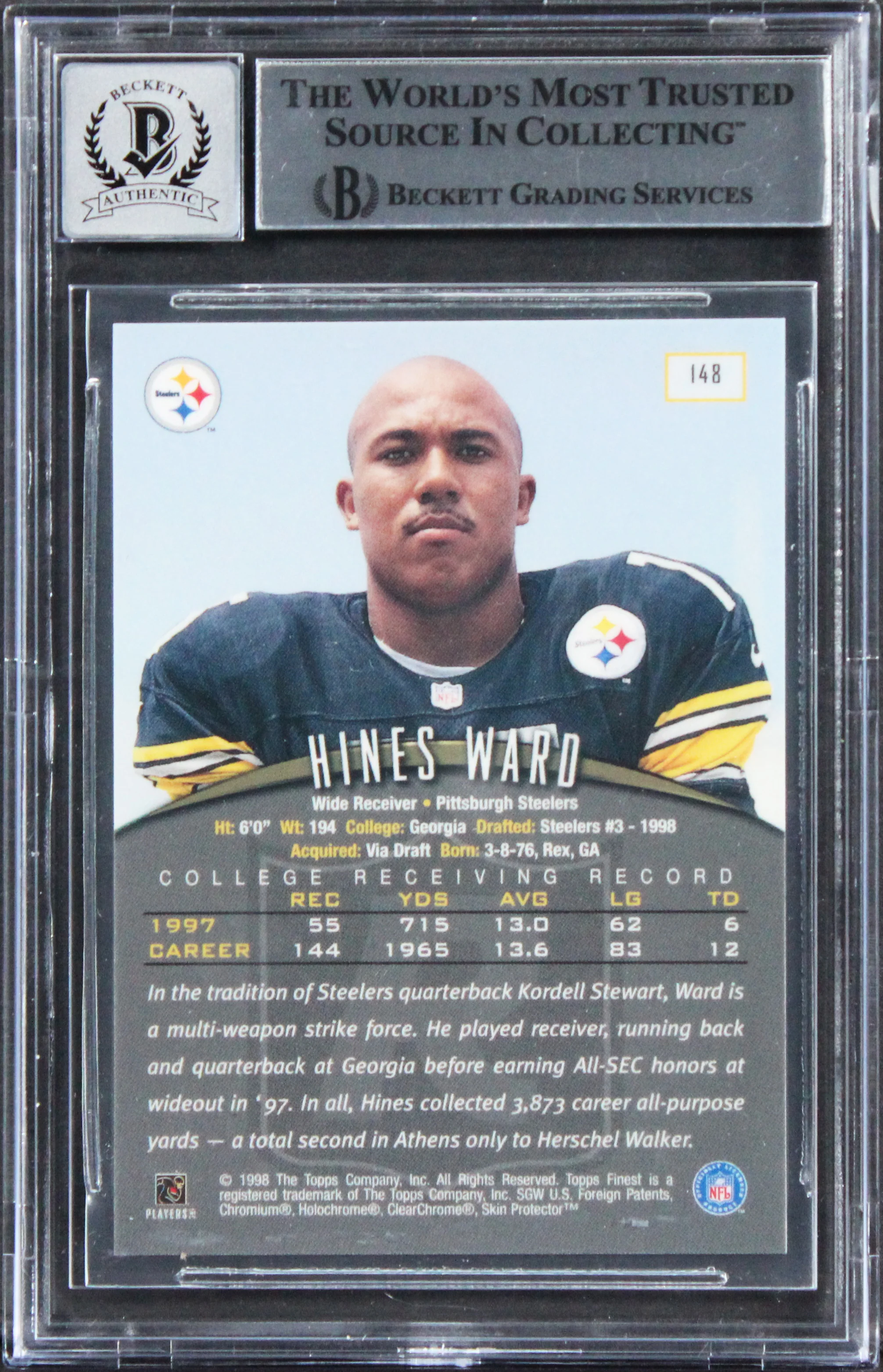 Steelers Hines Ward Signed 1998 Topps Finest #148 Rookie Card Auto 10! BAS Slab - Image 3