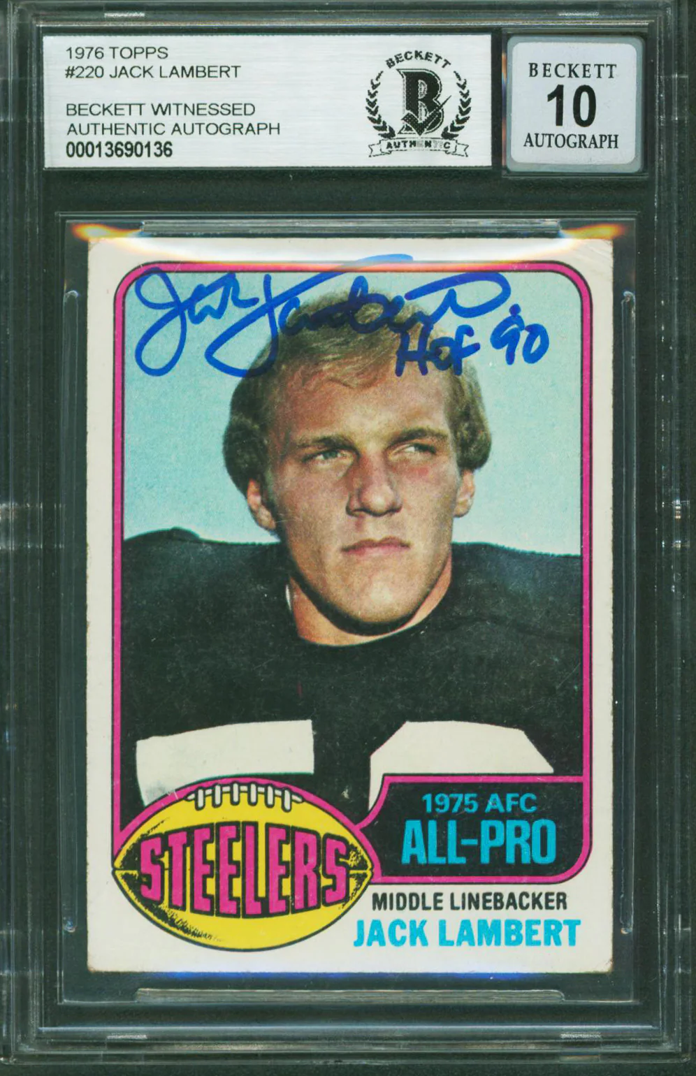 Steelers Jack Lambert "HOF 90" Signed 1976 Topps #220 RC Card Auto 10! BAS Slab - Image 2