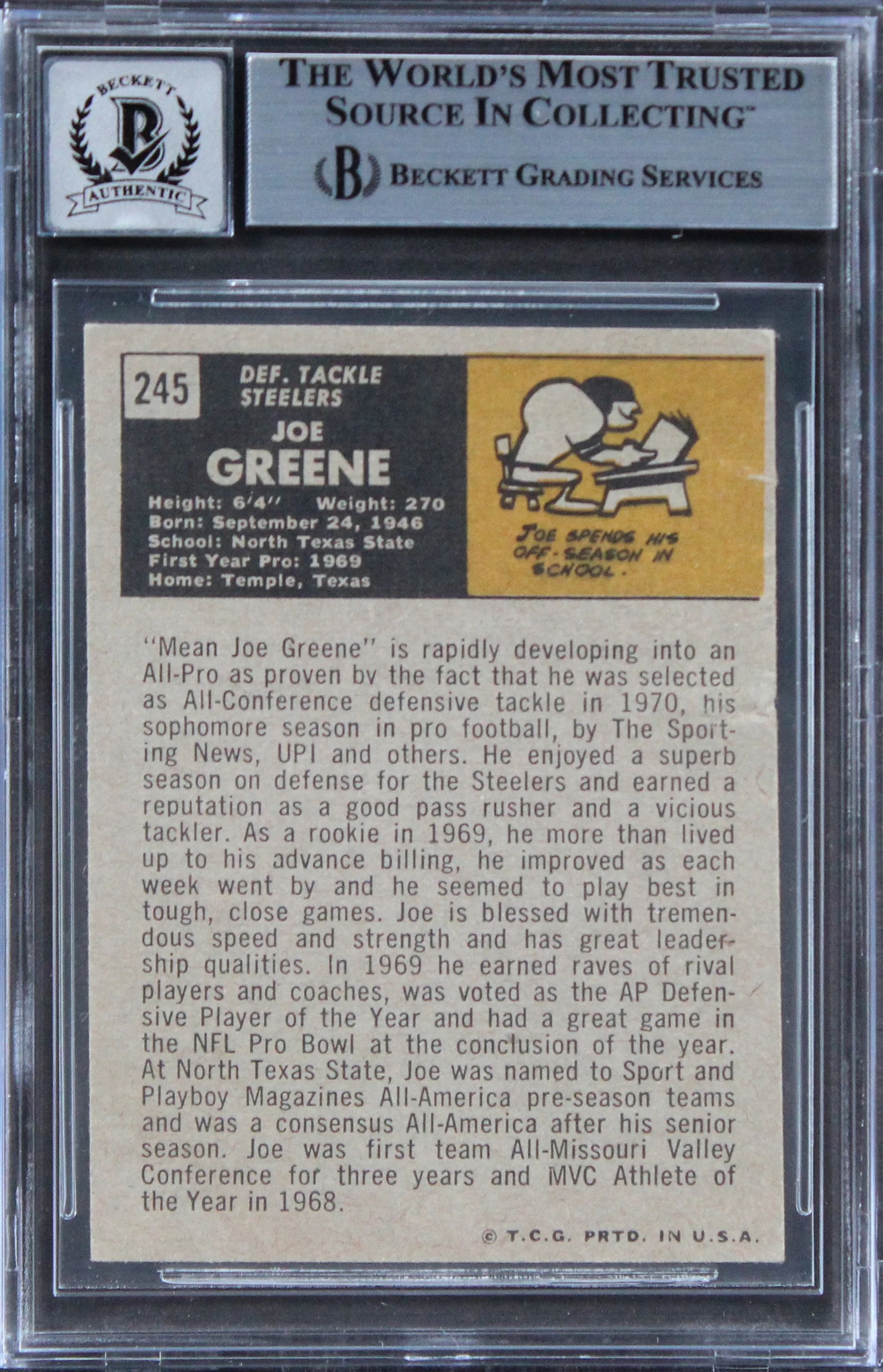 Steelers Joe Greene Authentic Signed 1971 Topps #245 Card Auto 10 BAS Slab 14 - Image 3