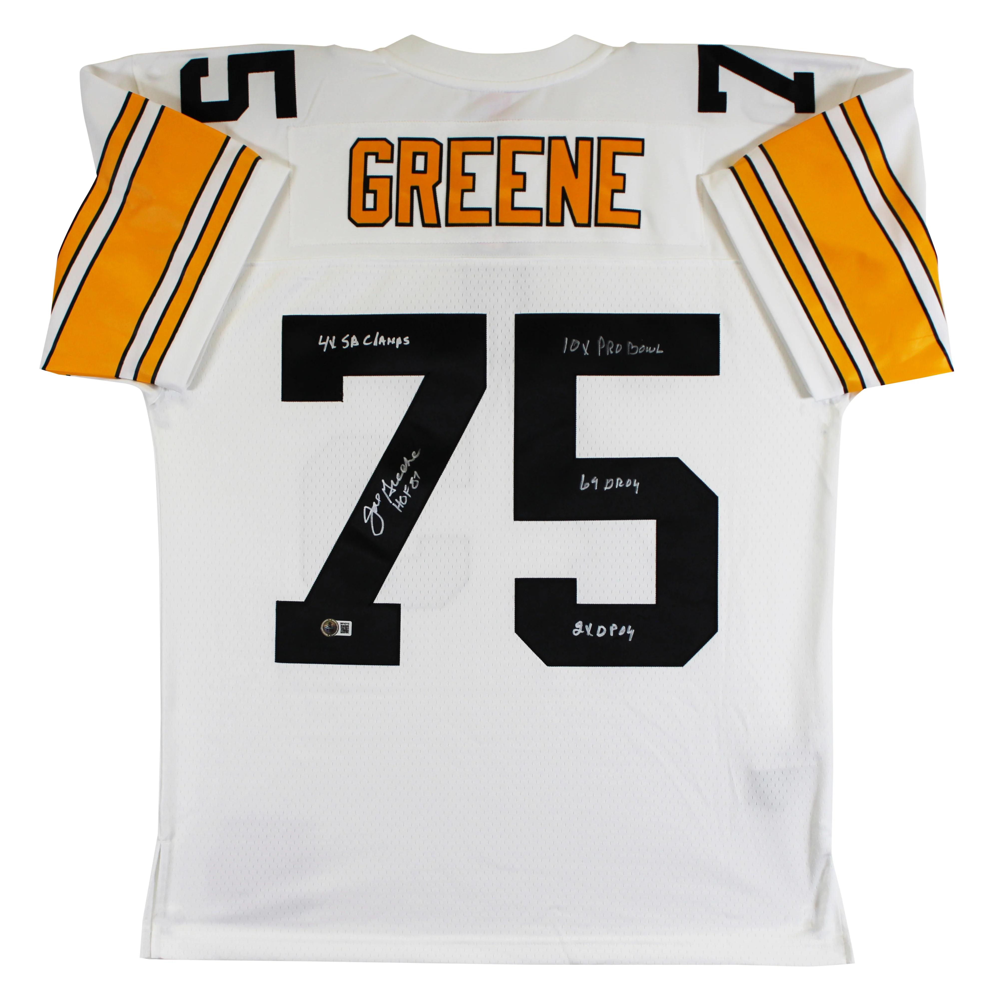 Steelers Joe Greene "Career Stat" Signed White M&N TB Jersey BAS Witnessed - Image 3