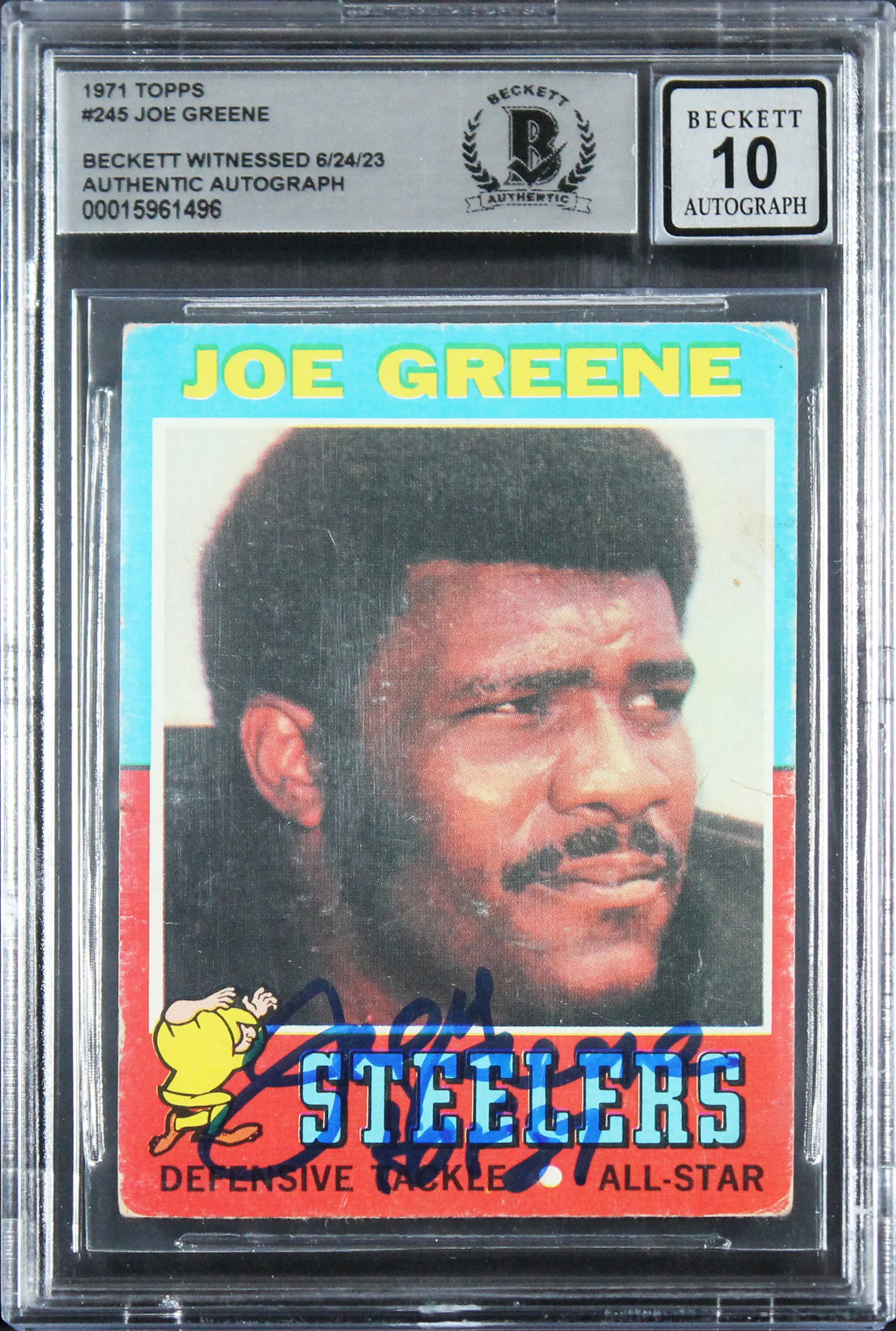 Steelers Joe Greene "HOF 87" Signed 1971 Topps #245 RC Auto 10! BAS Slabbed 1