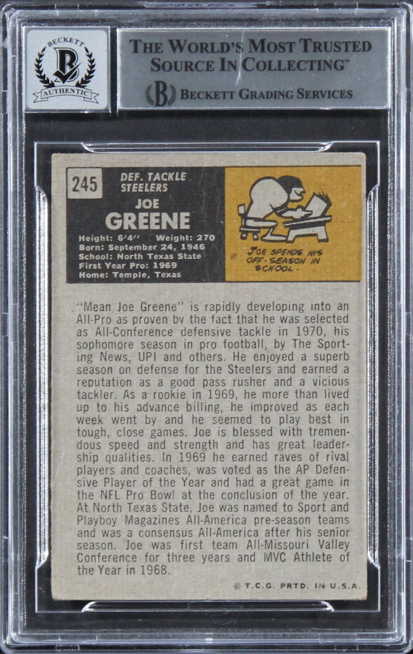 Steelers Joe Greene "HOF 87" Signed 1971 Topps #245 RC Auto 10! BAS Slabbed 4 - Image 3
