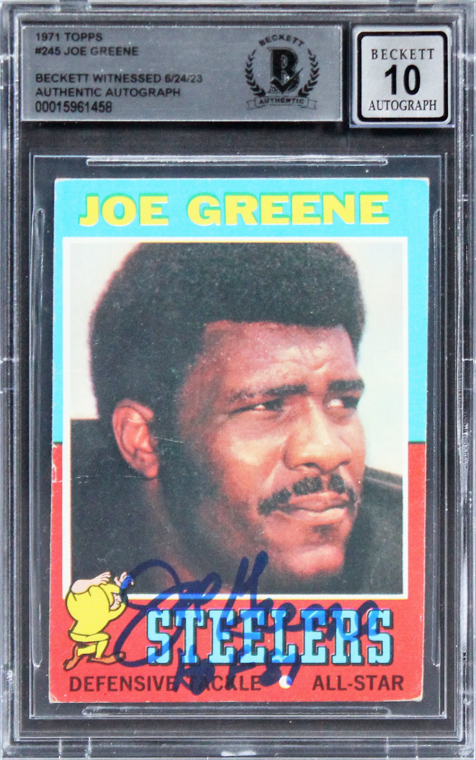 Steelers Joe Greene "HOF 87" Signed 1971 Topps #245 RC Card Auto 10 BAS Slab 2 - Image 2