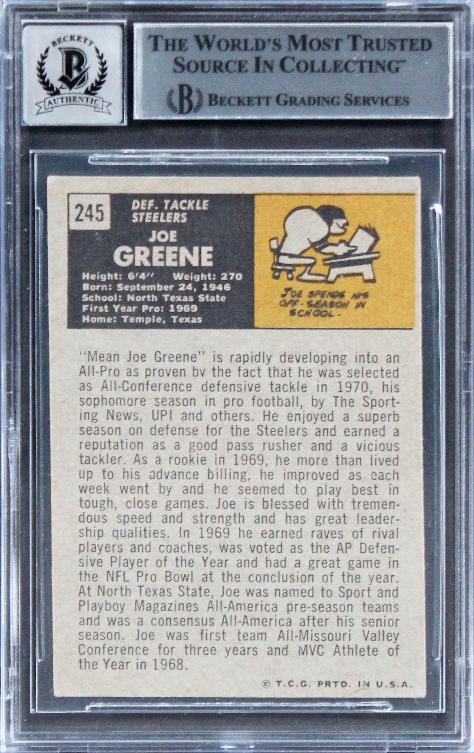 Steelers Joe Greene "HOF 87" Signed 1971 Topps #245 RC Card Auto 10 BAS Slab 2 - Image 3