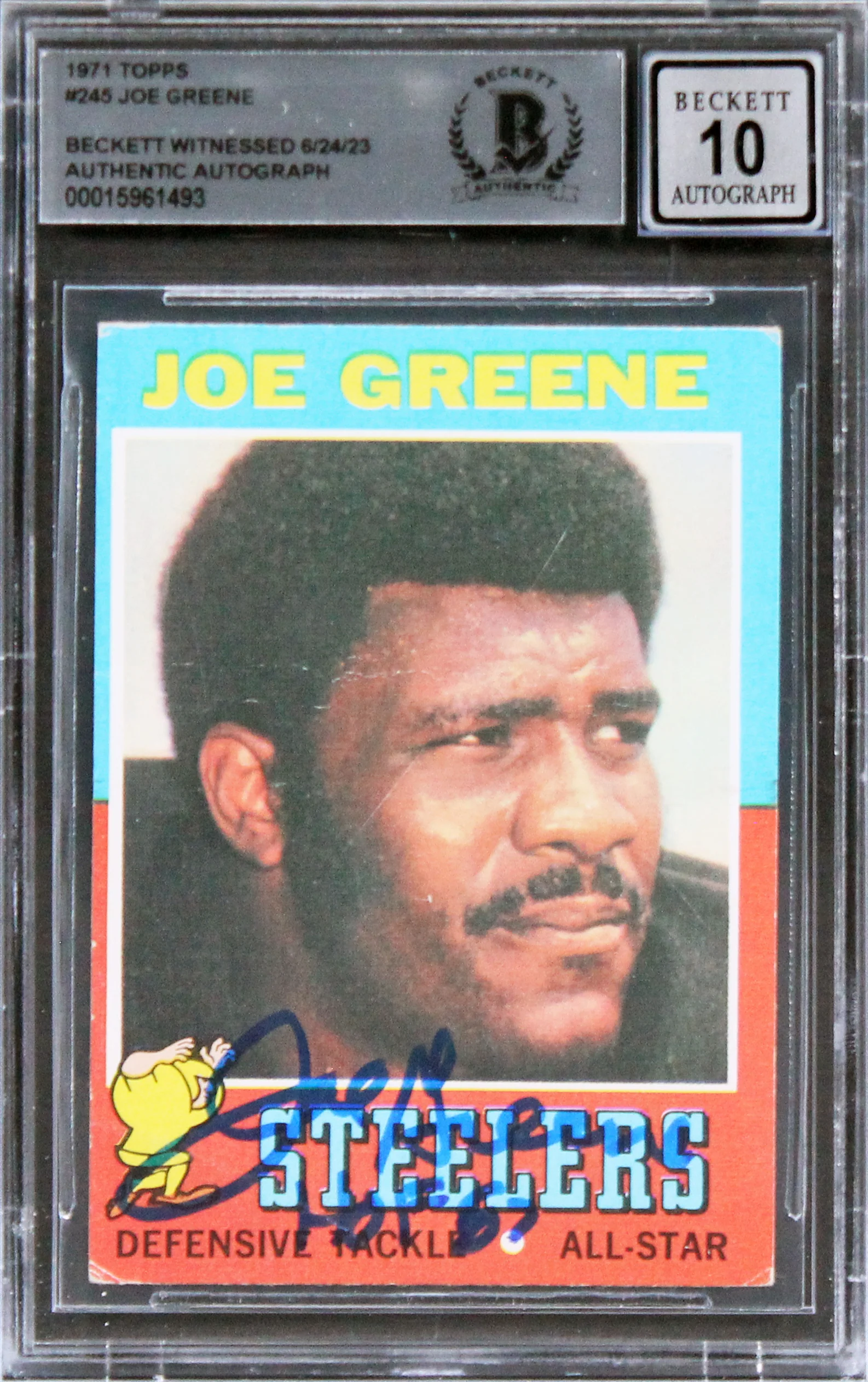 Steelers Joe Greene "HOF 87" Signed 1971 Topps #245 RC Card Auto 10 BAS Slab 3 - Image 2