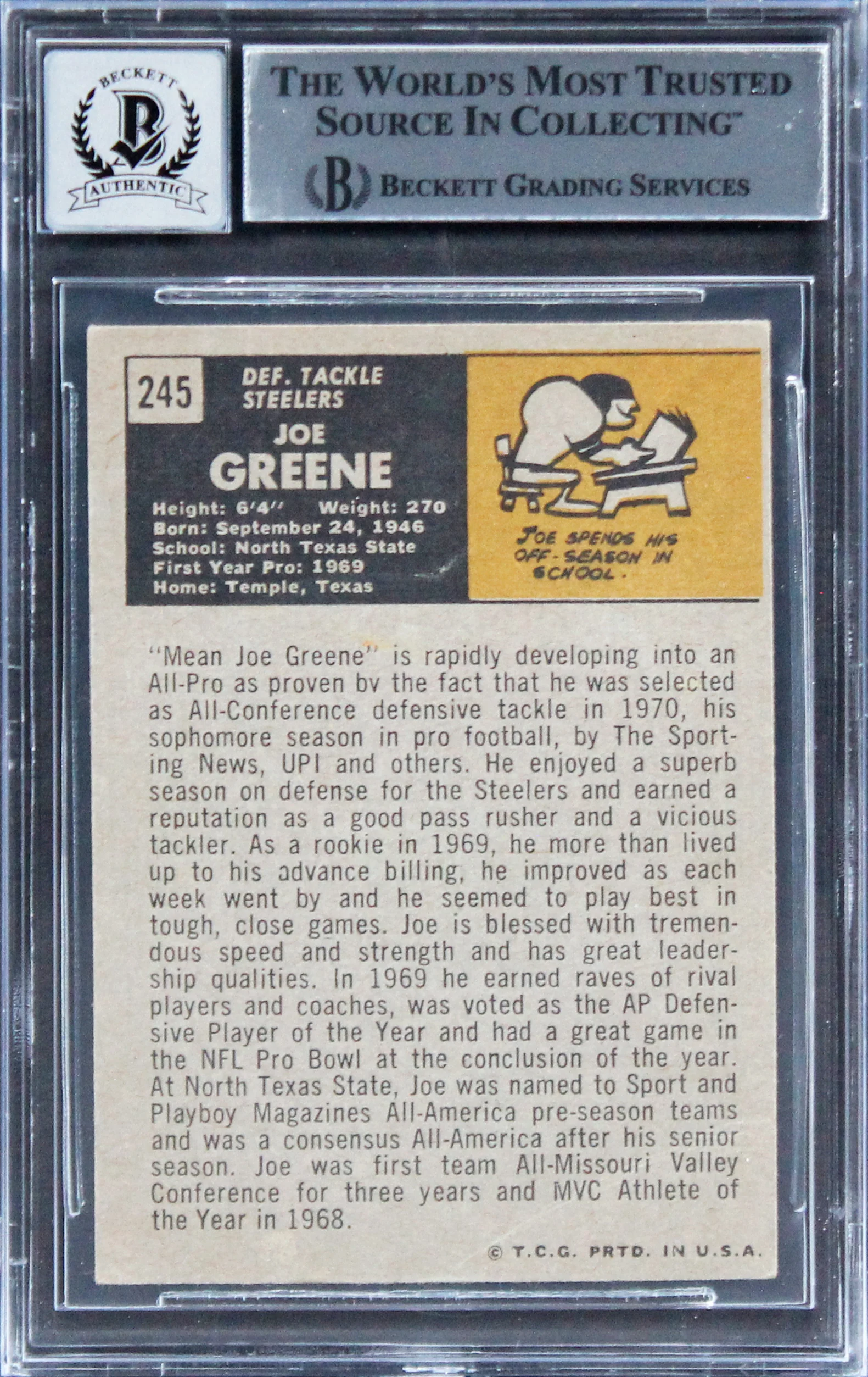 Steelers Joe Greene "HOF 87" Signed 1971 Topps #245 RC Card Auto 10 BAS Slab 3 - Image 3