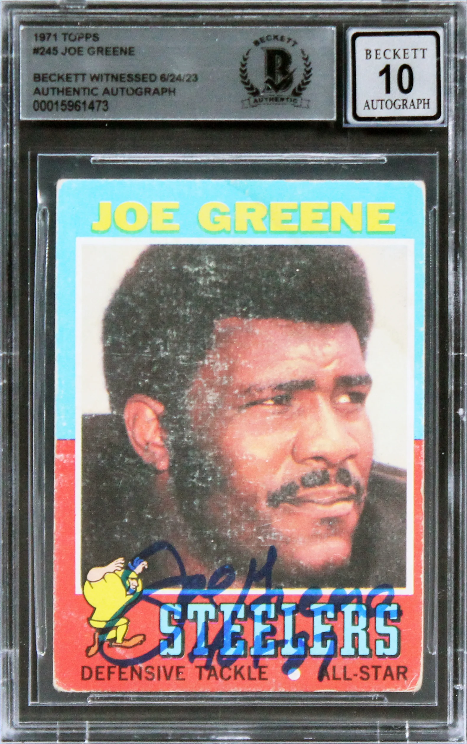 Steelers Joe Greene "HOF 87" Signed 1971 Topps #245 RC Card Auto 10 BAS Slab 4 - Image 2