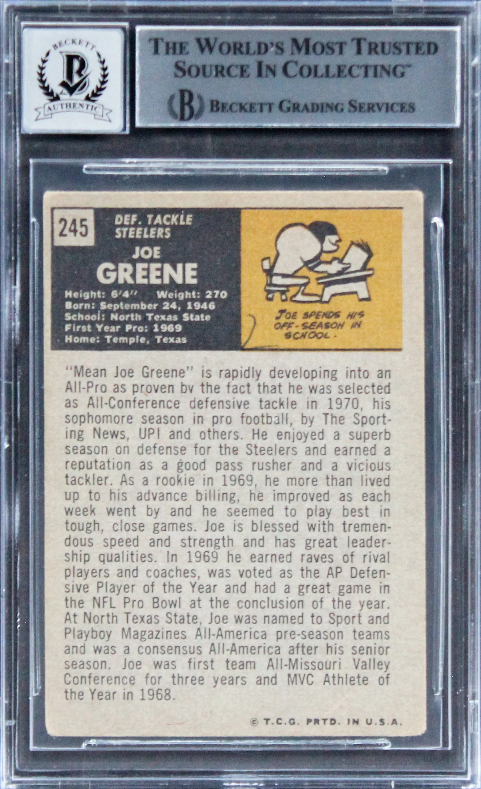 Steelers Joe Greene "HOF 87" Signed 1971 Topps #245 RC Card Auto 10 BAS Slab 4 - Image 3