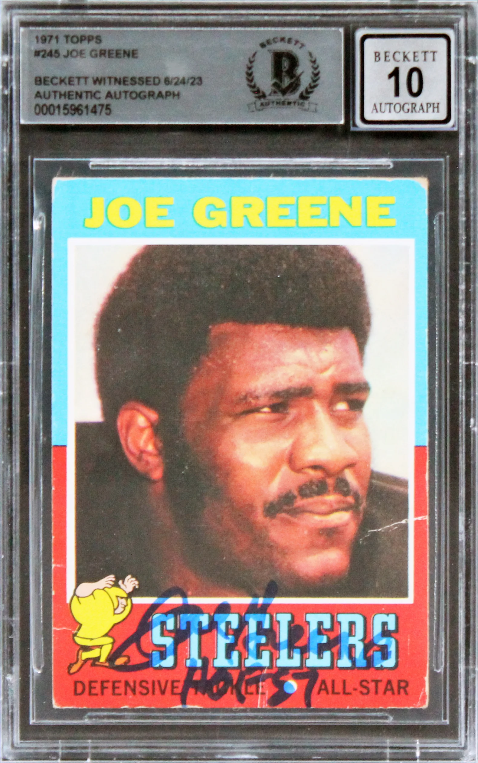 Steelers Joe Greene "HOF 87" Signed 1971 Topps #245 RC Card Auto 10 BAS Slab 5 - Image 2