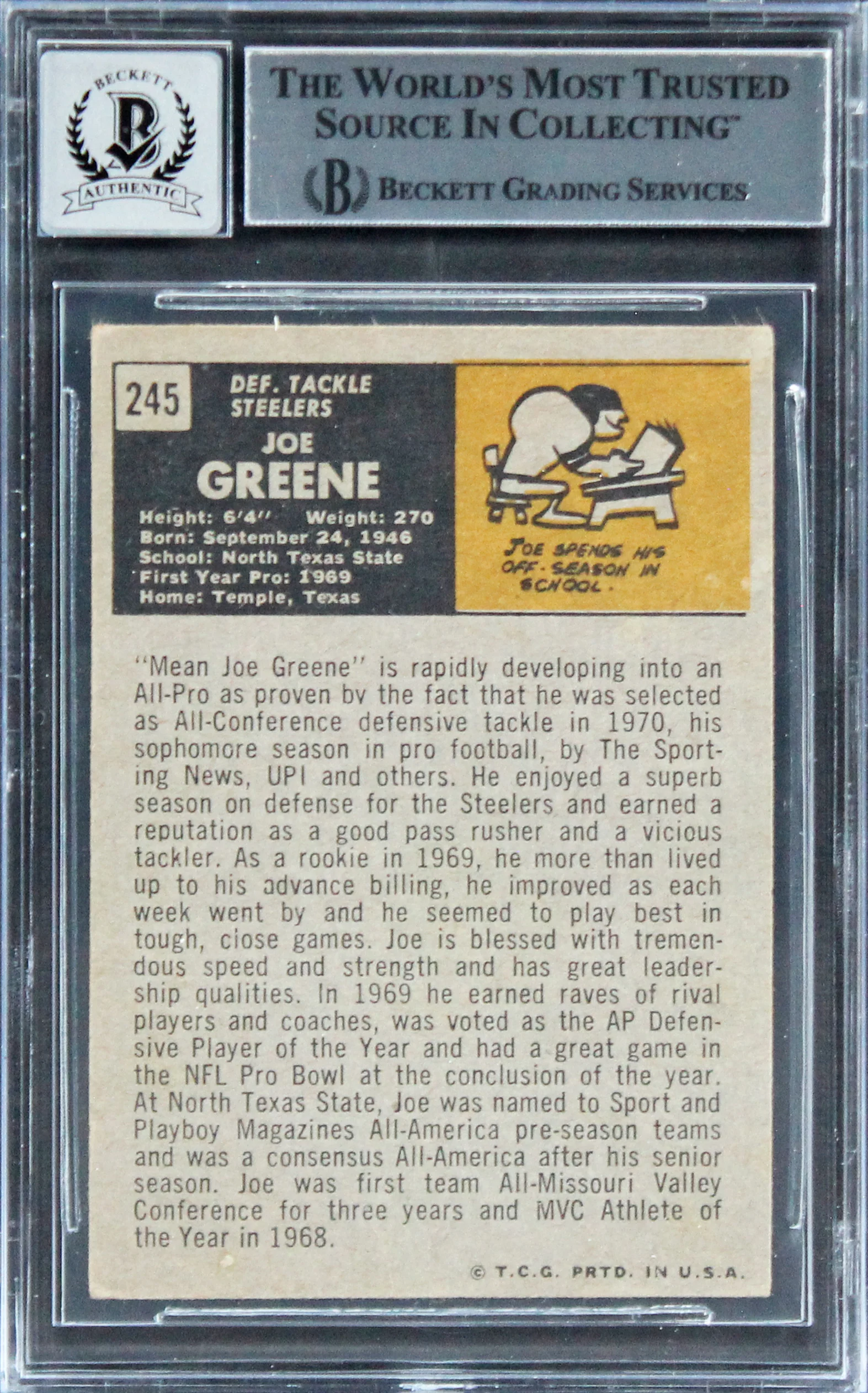 Steelers Joe Greene "HOF 87" Signed 1971 Topps #245 RC Card Auto 10 BAS Slab 5 - Image 3