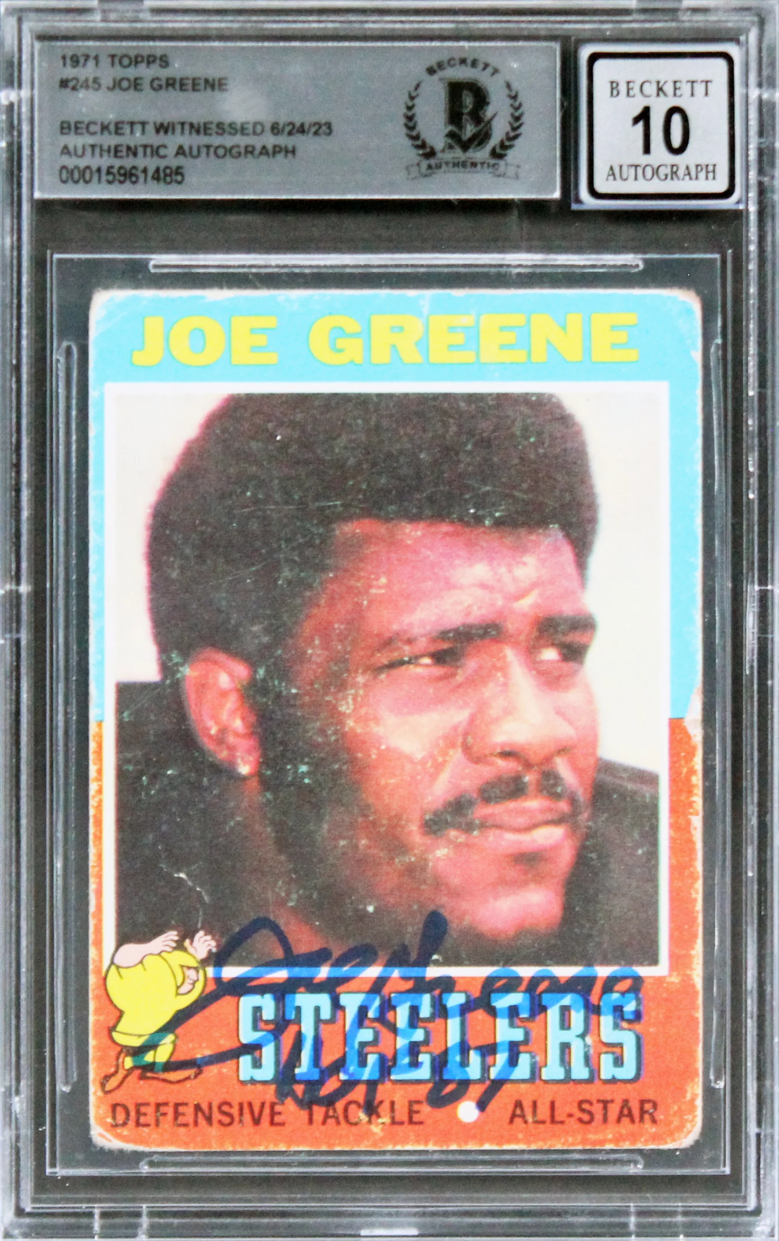 Steelers Joe Greene "HOF 87" Signed 1971 Topps #245 RC Card Auto 10 BAS Slab 6 - Image 2
