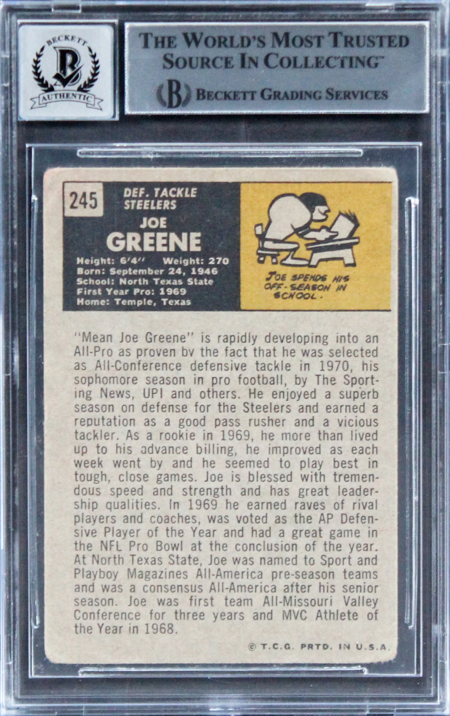Steelers Joe Greene "HOF 87" Signed 1971 Topps #245 RC Card Auto 10 BAS Slab 6 - Image 3