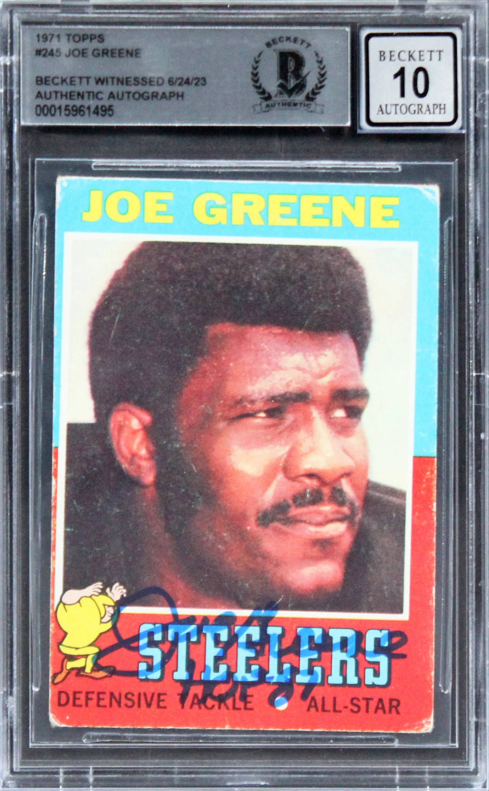Steelers Joe Greene "HOF 87" Signed 1971 Topps #245 Rookie Card Auto 10 BAS Slab - Image 2