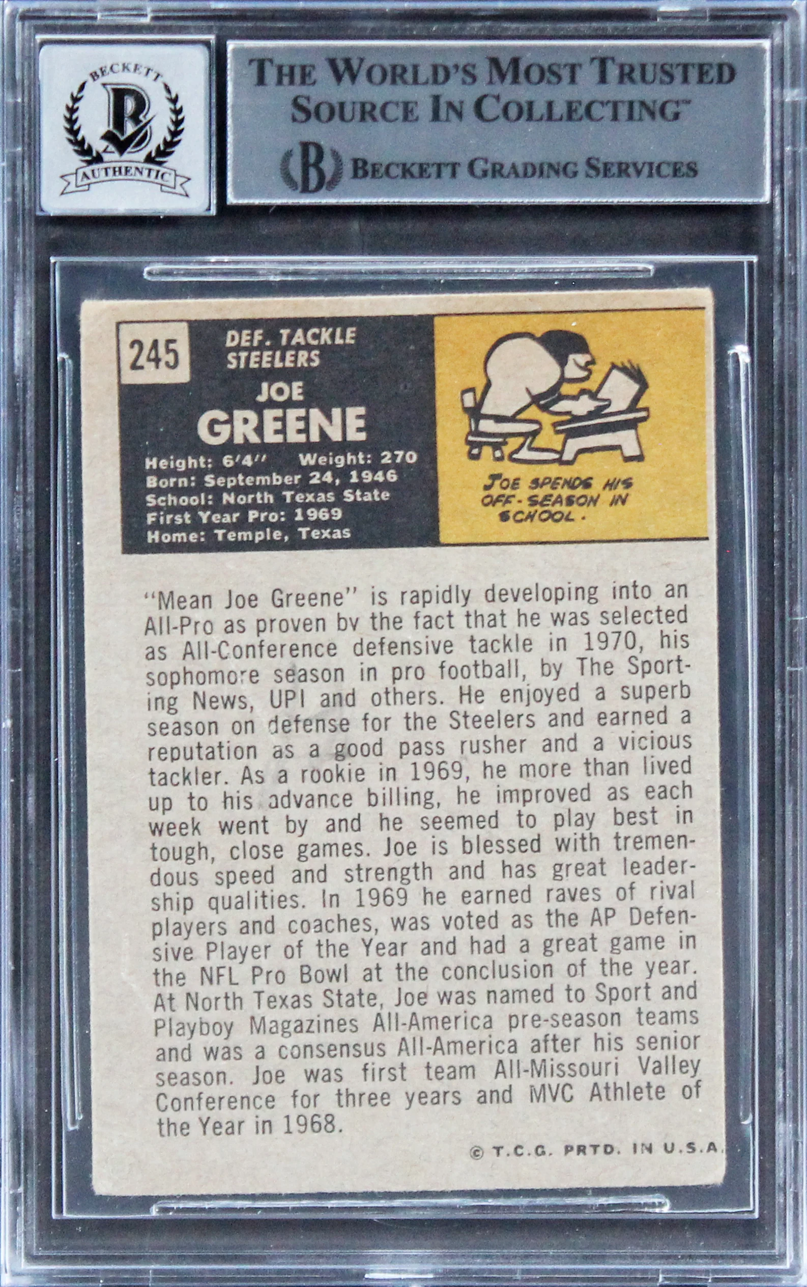 Steelers Joe Greene "HOF 87" Signed 1971 Topps #245 Rookie Card Auto 10 BAS Slab - Image 3