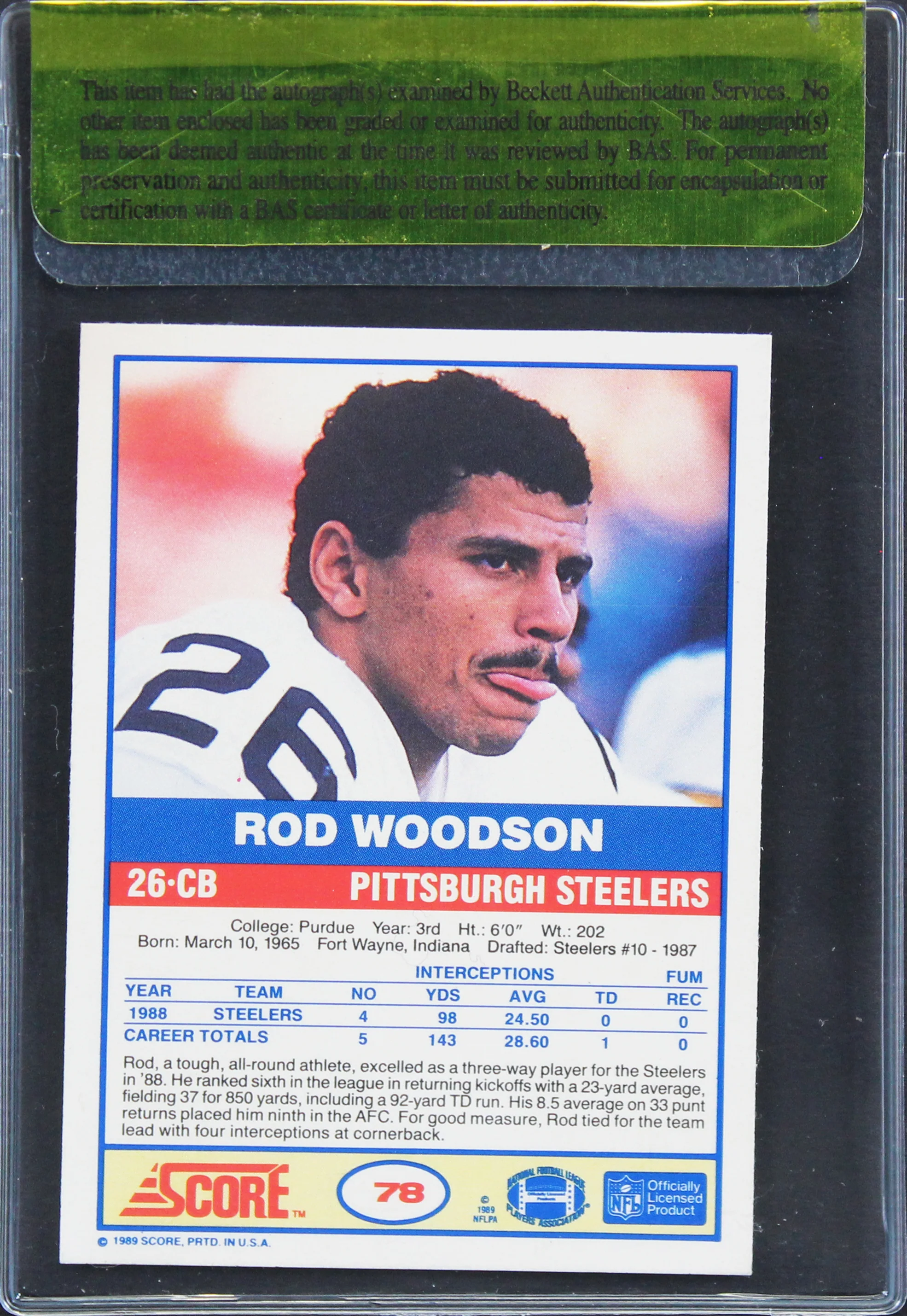 Steelers Rod Woodson Authentic Signed 1989 Score #78 Rookie Card BAS #11283 - Image 3