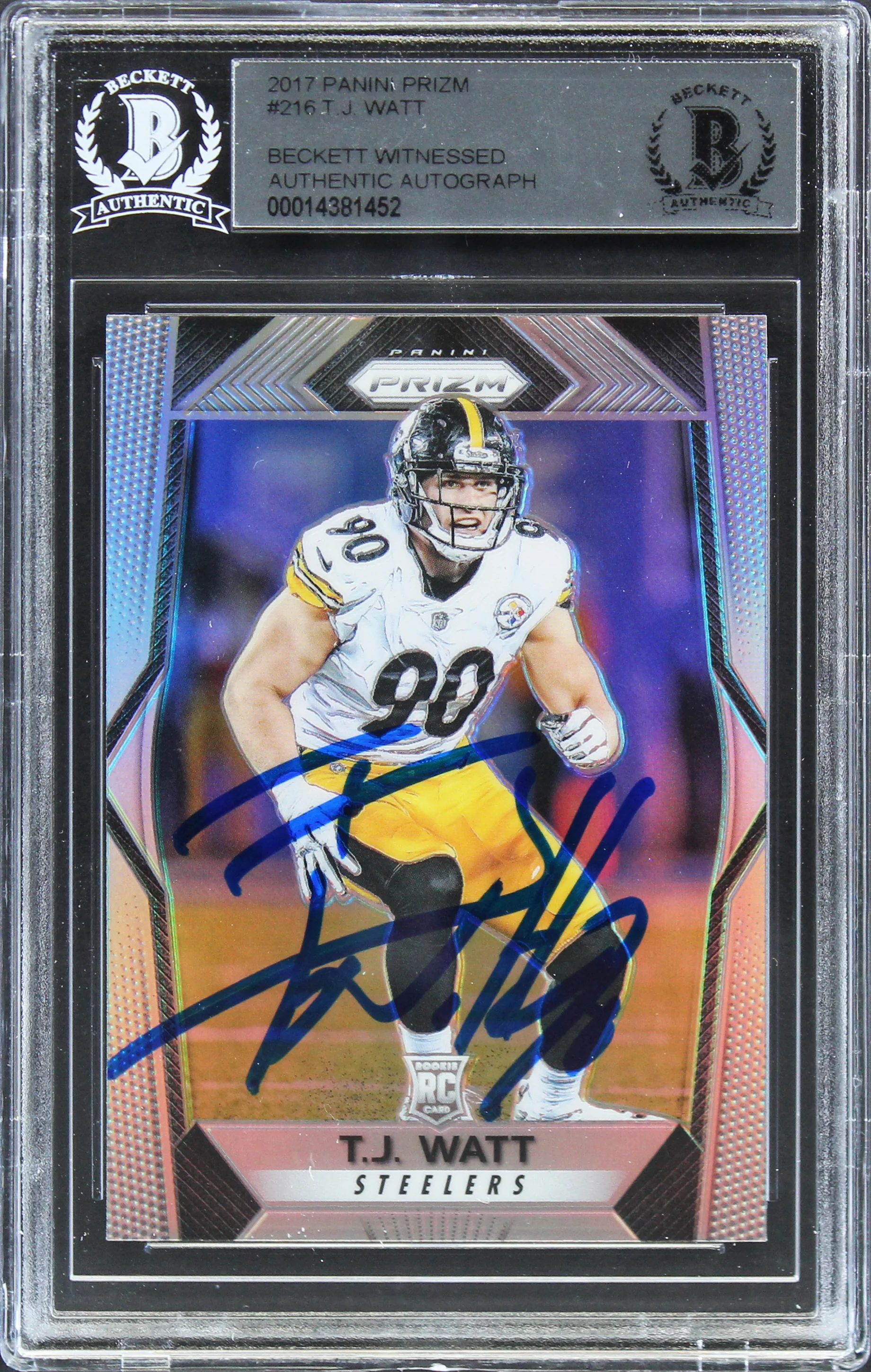 Steelers T.J. Watt Signed 2017 Panini Prizm #216 Rookie Card BAS Slabbed - Image 2