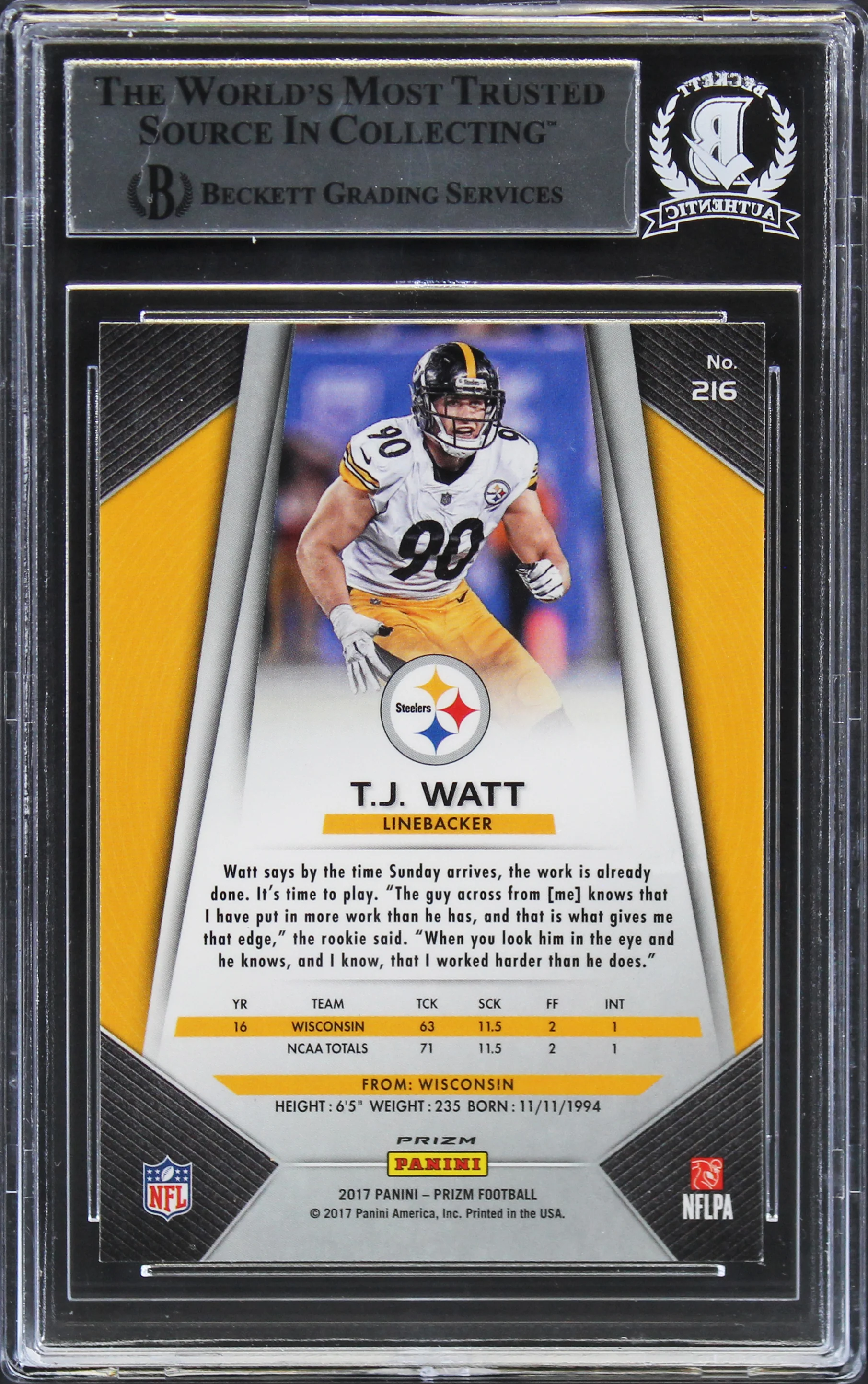 Steelers T.J. Watt Signed 2017 Panini Prizm #216 Rookie Card BAS Slabbed - Image 3
