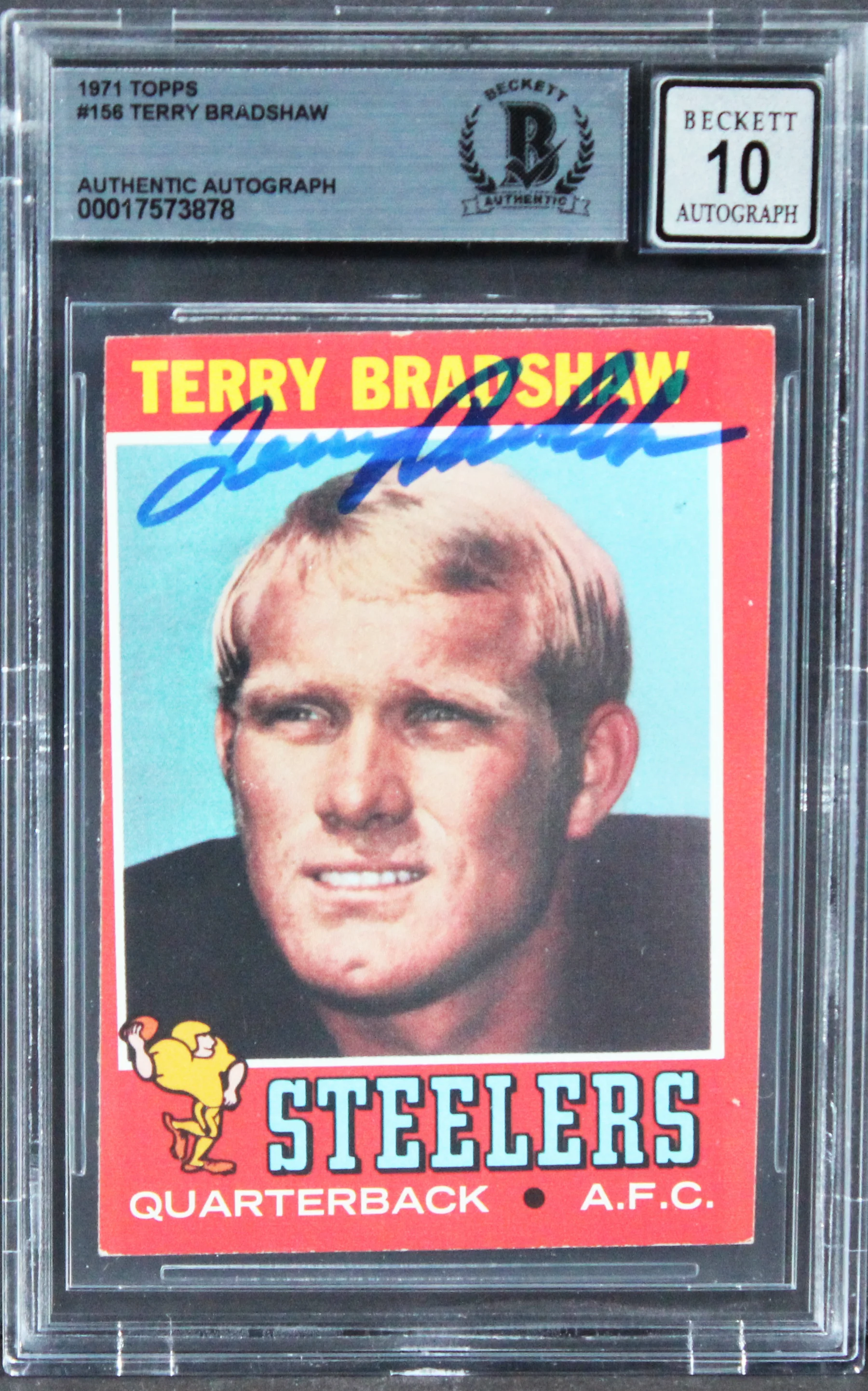 Steelers Terry Bradshaw Authentic Signed 1971 Topps #156 Card Auto 10 BAS Slab 2 - Image 2
