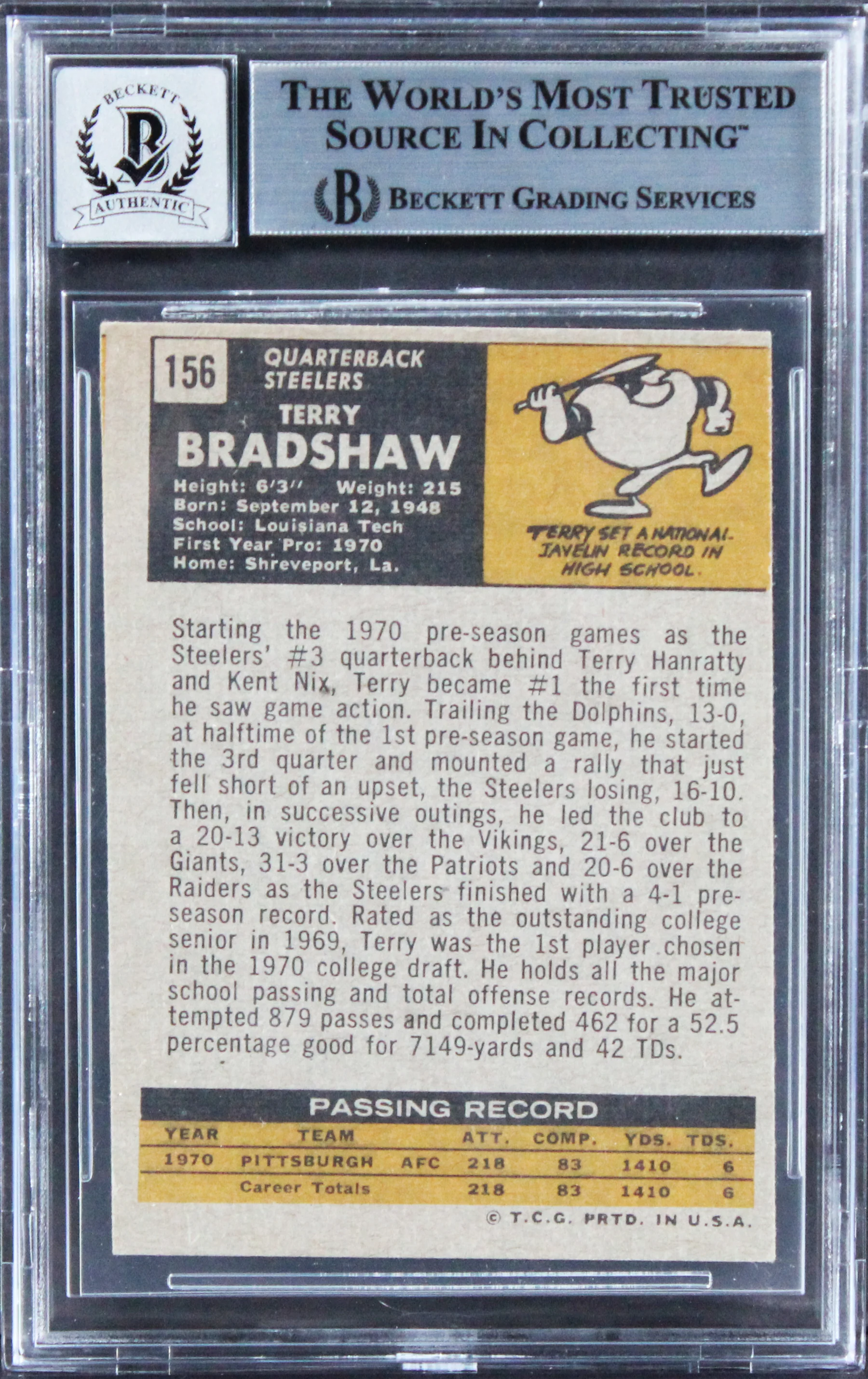 Steelers Terry Bradshaw Authentic Signed 1971 Topps #156 Card Auto 10 BAS Slab 2 - Image 3