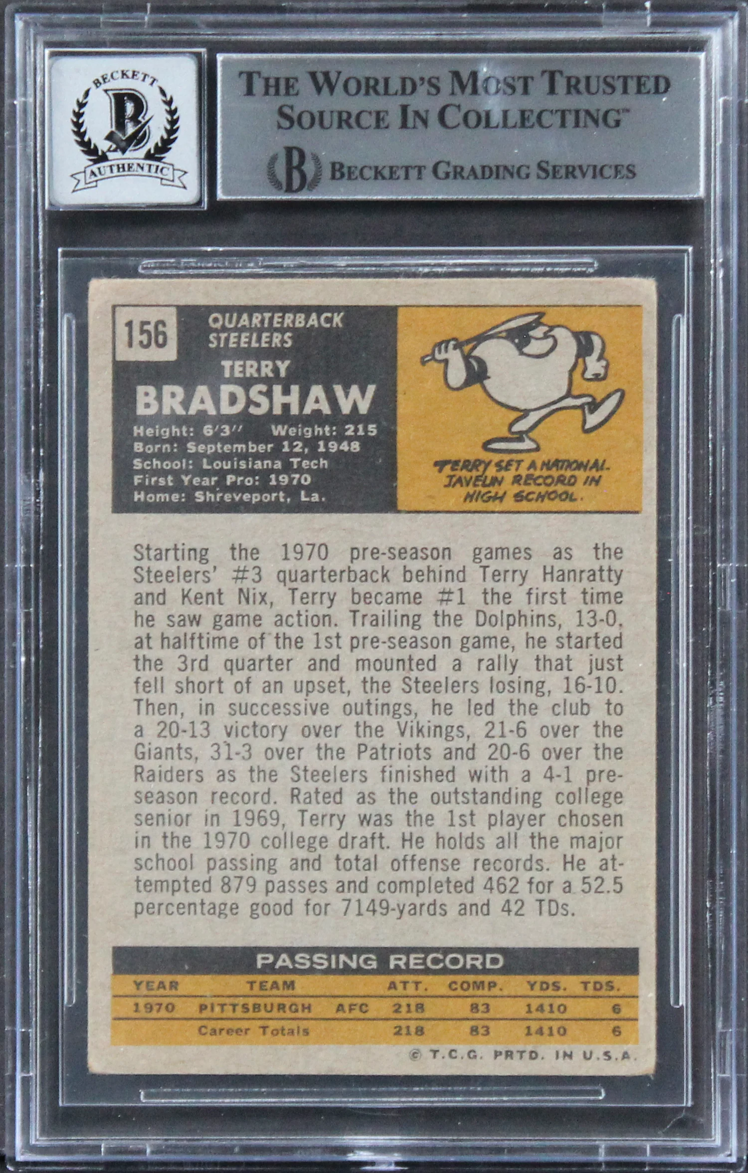 Steelers Terry Bradshaw Signed 1971 Topps #156 RC Card Auto 10! BAS Slabbed 3 - Image 3