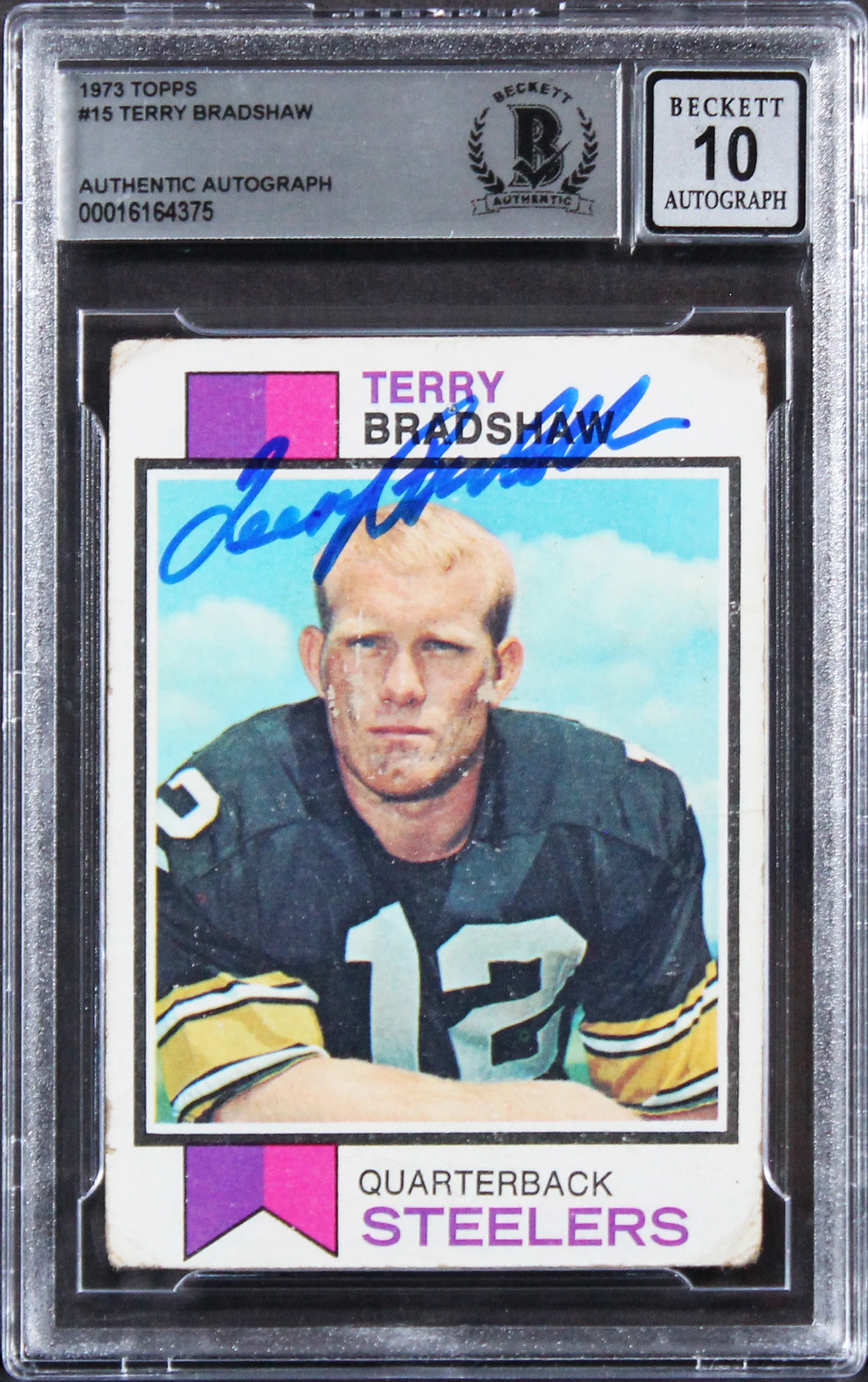 Steelers Terry Bradshaw Signed 1973 Topps #15 Card Auto 10! BAS Slabbed - Image 2