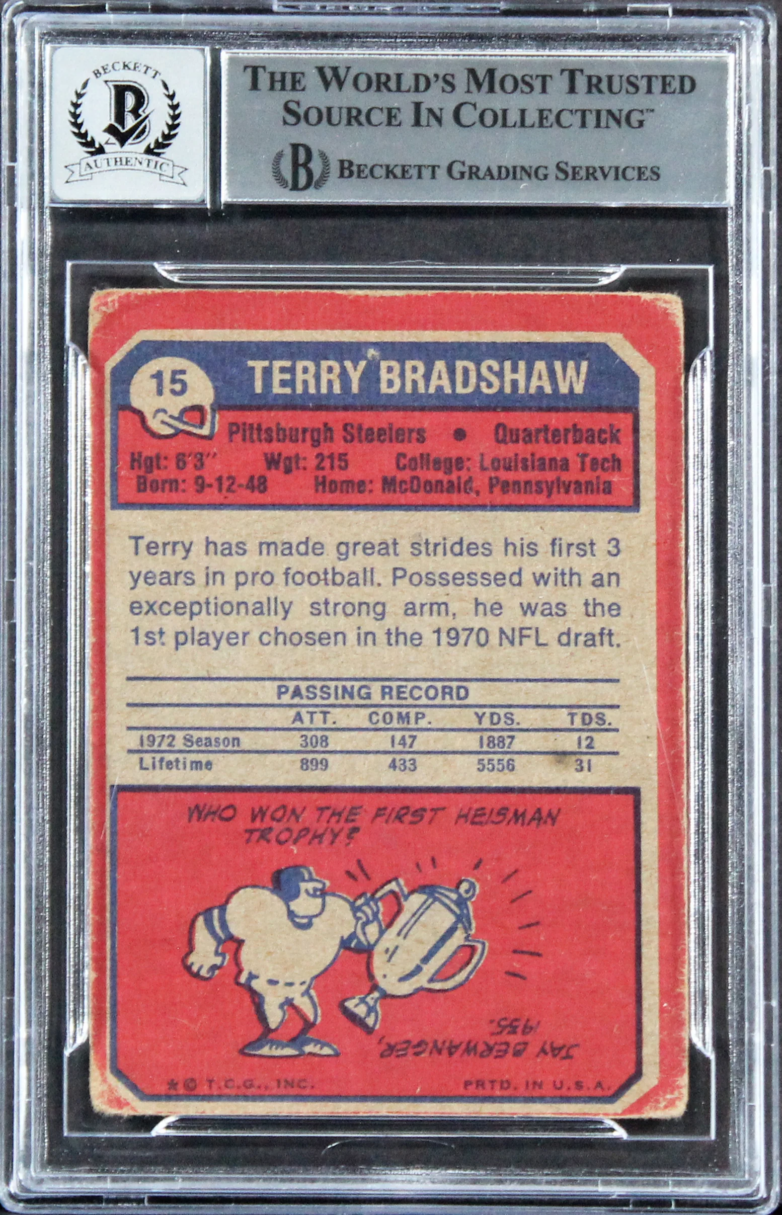 Steelers Terry Bradshaw Signed 1973 Topps #15 Card Auto 10! BAS Slabbed - Image 3
