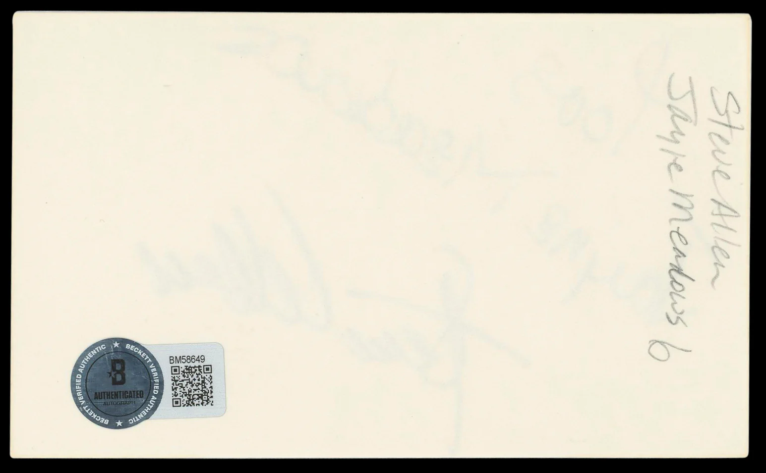 Steve Allen & Jayne Meadows Casino Authentic Signed 3x5 Index Card BAS #BM58649 - Image 3