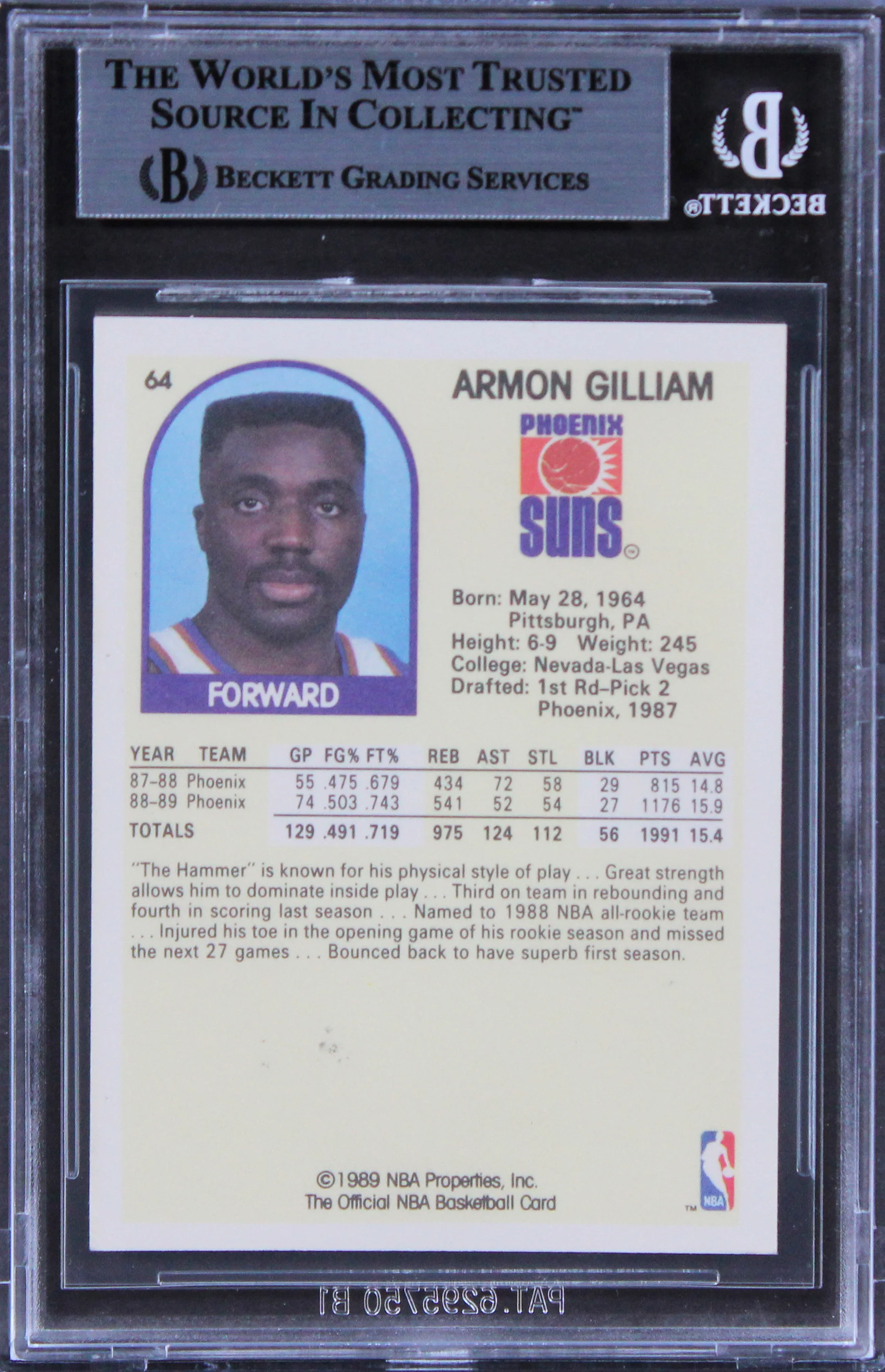 Suns Armon Gilliam Authentic Signed 1989 Hoops #64 Card Autographed BAS Slabbed - Image 3