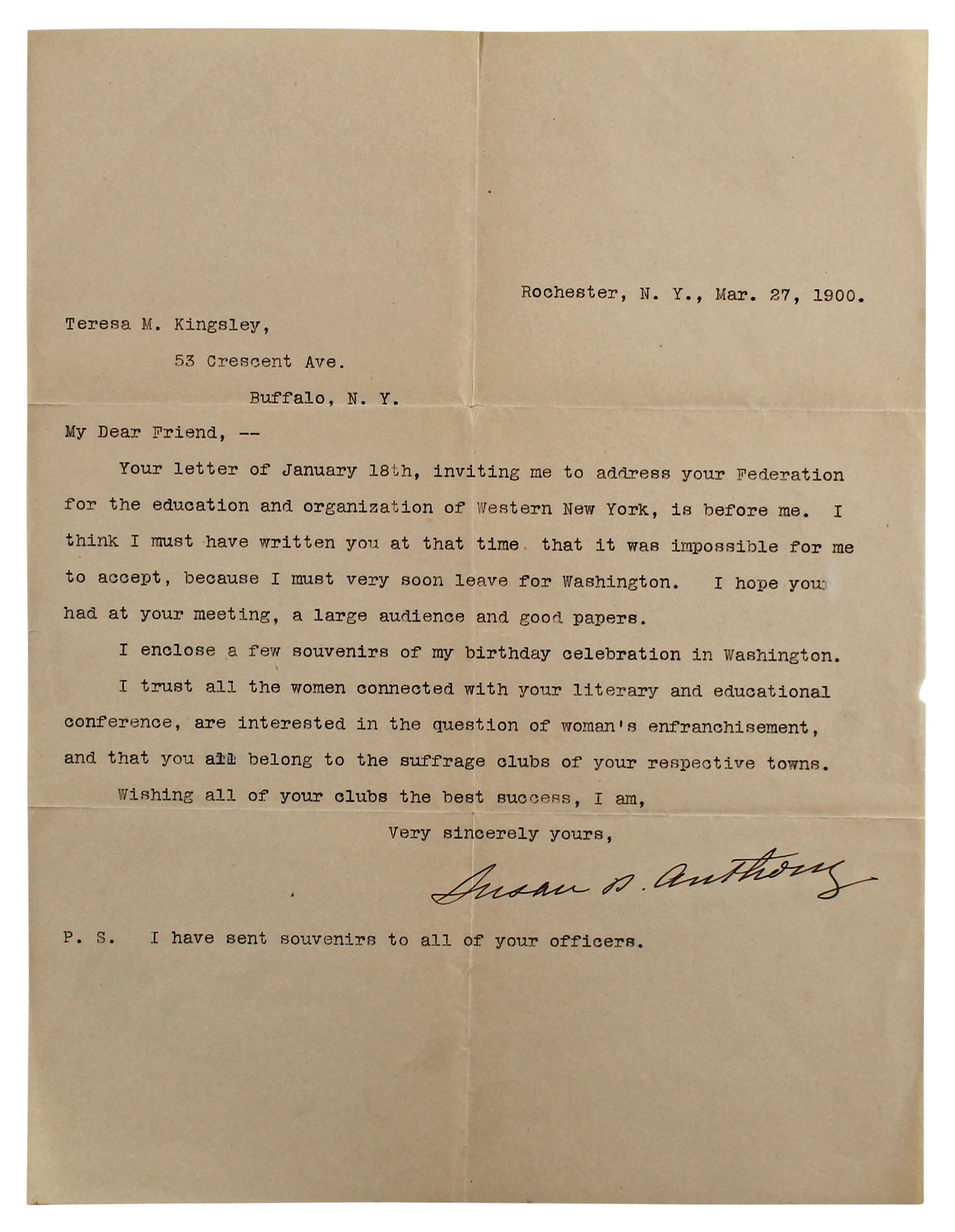 Susan B. Anthony Authentic Signed 8.25x10.75 1900 Letter BAS #AB14682 - Image 2