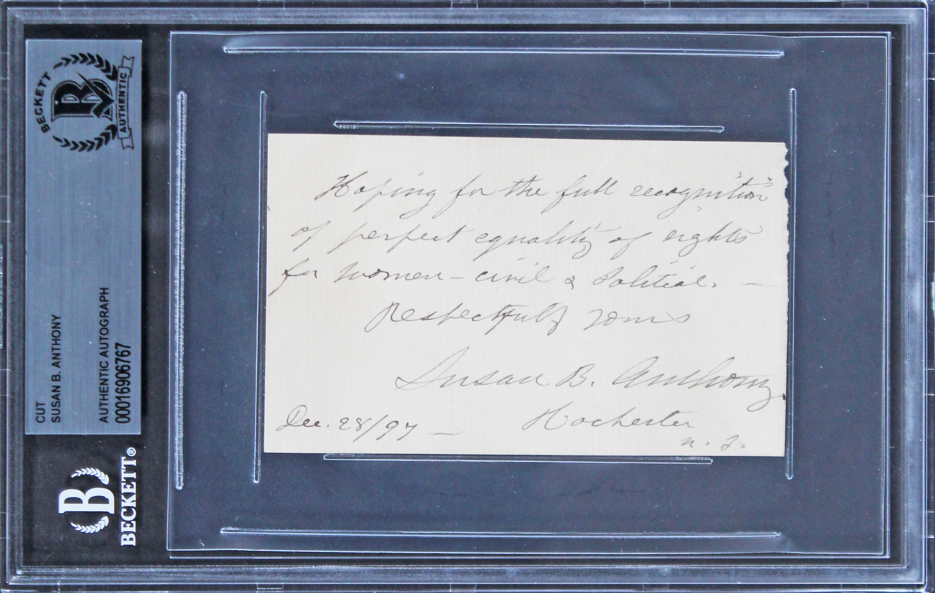 Susan B. Anthony "Vote for Woman Suffrage" Signed 2.5x4 Cut Signature BAS Slab - Image 2