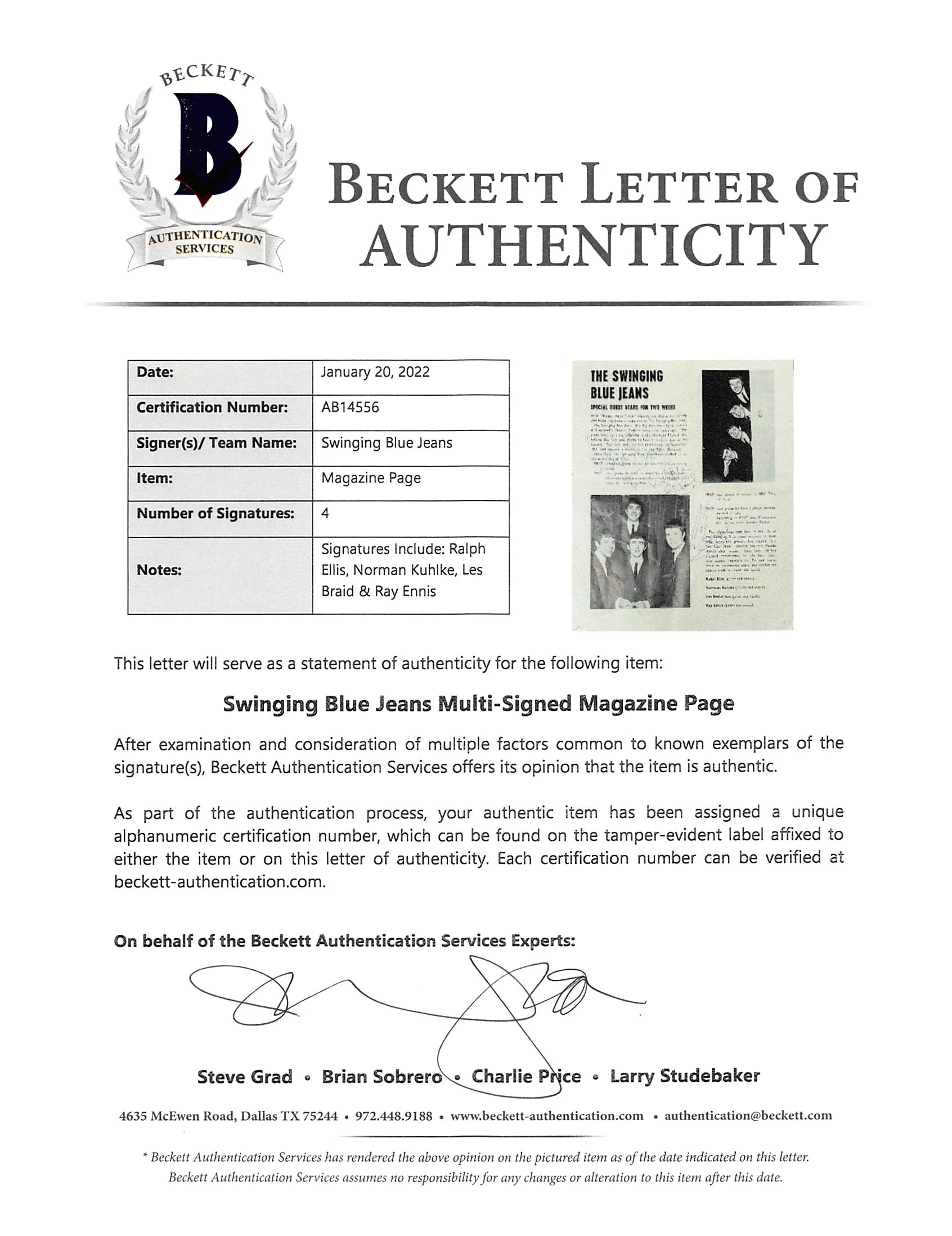 Swinging Blue Jeans (4) Ellis, Kuhlke, Braid & Ennis Signed Magazine Page BAS - Image 4