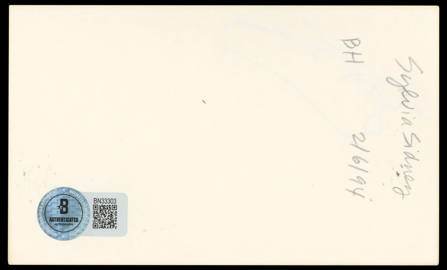 Sylvia Sidney Summer Wishes, Winter Dreams Signed 3x5 Index Card BAS #BN33303 - Image 3