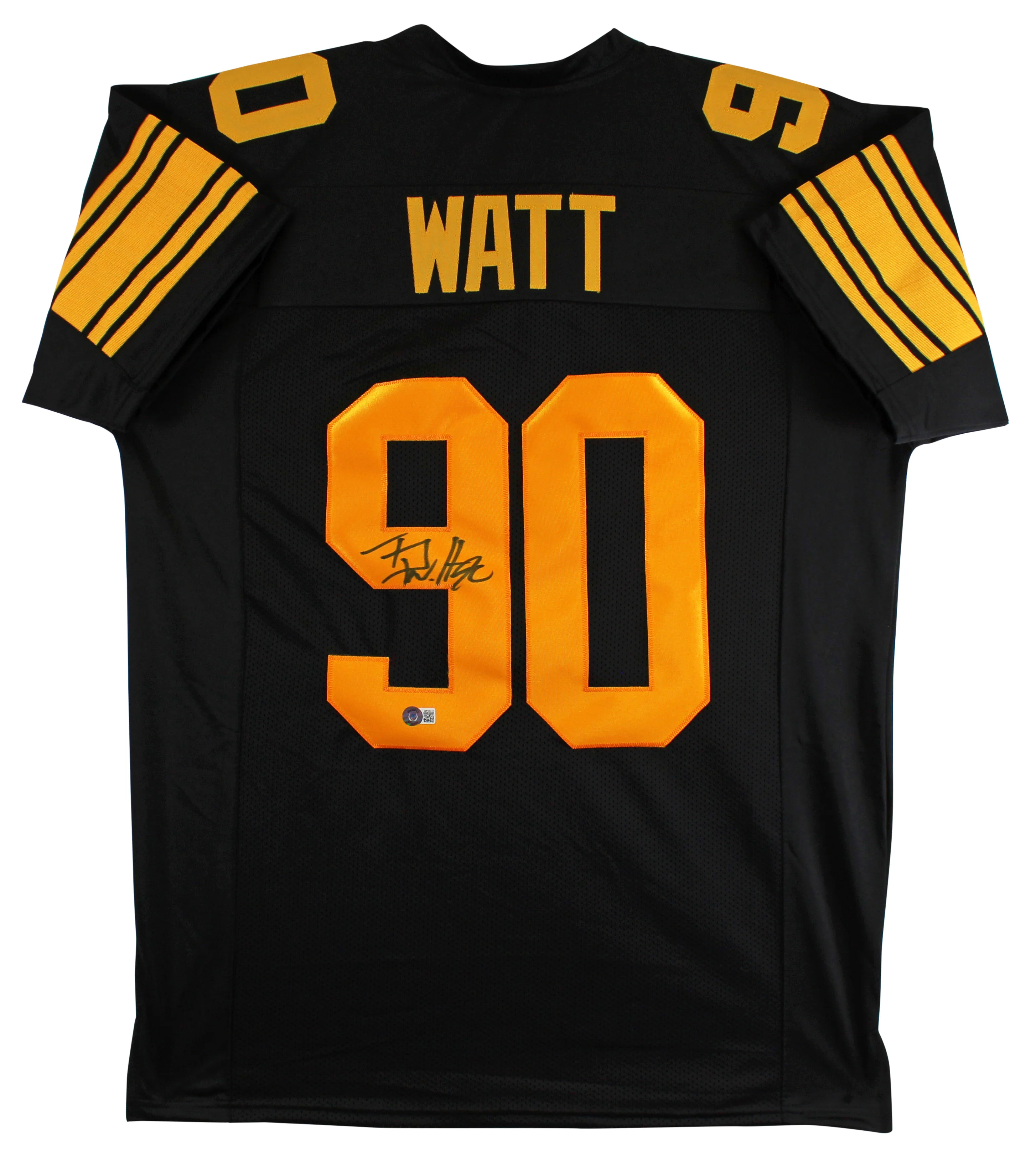T.J. Watt Signed Black Color Rush Pro Style Jersey w/ Yellow #'s BAS Witnessed - Image 2