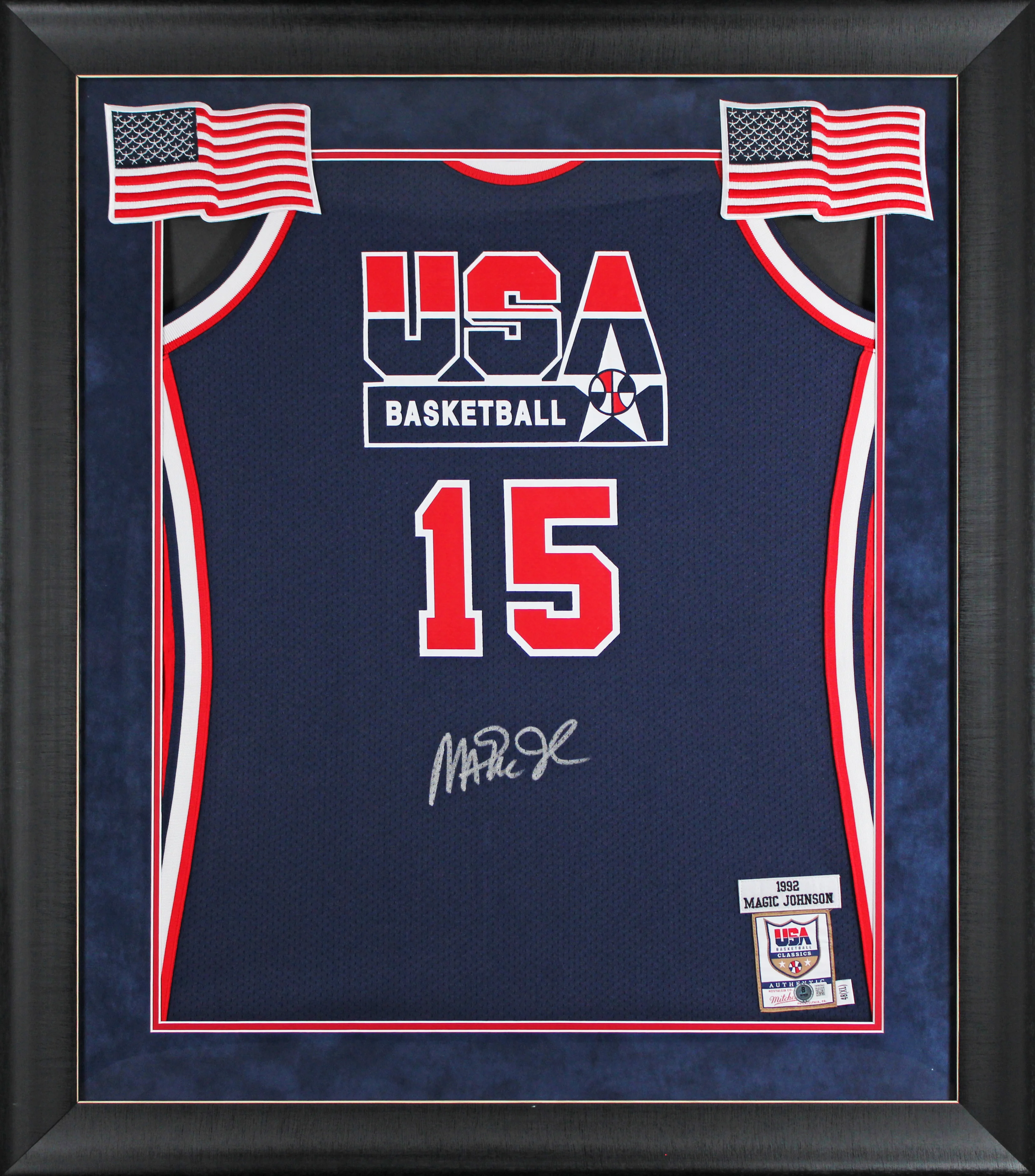 Team USA Magic Johnson Signed Navy M&N 1992 Swingman Framed Jersey BAS Witnessed - Image 2