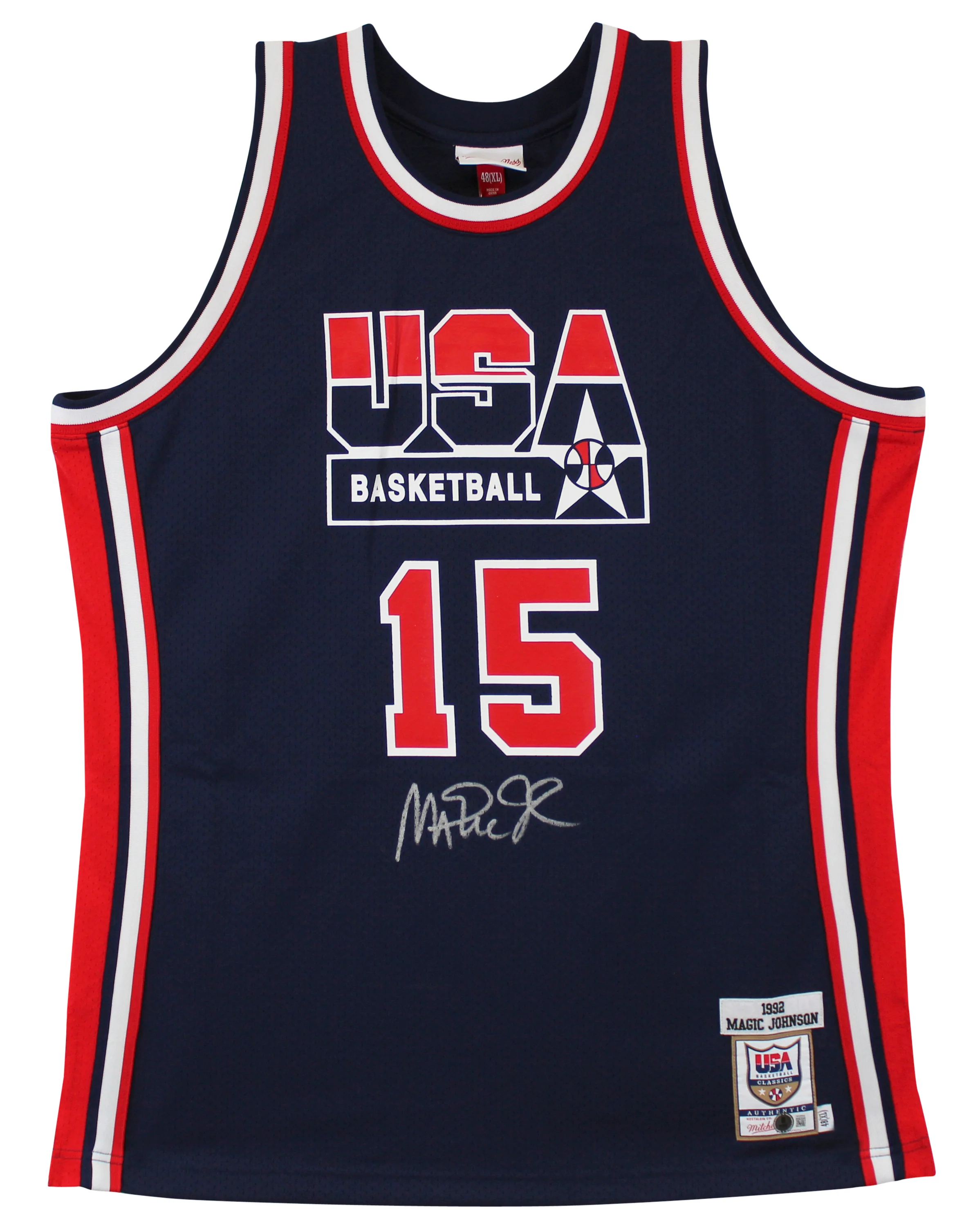 Team USA Magic Johnson Signed Navy M&N 1992 Swingman Jersey BAS Witnessed - Image 2