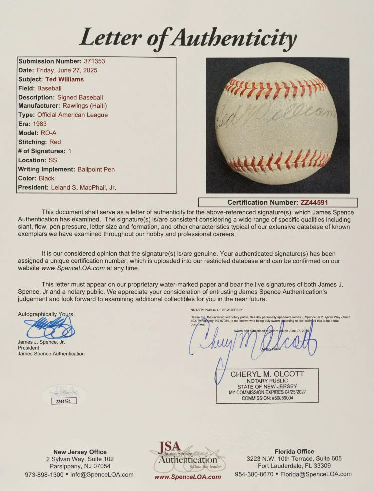 Ted Williams Red Sox Signed Official American League Baseball JSA ZZ44591 - Image 3