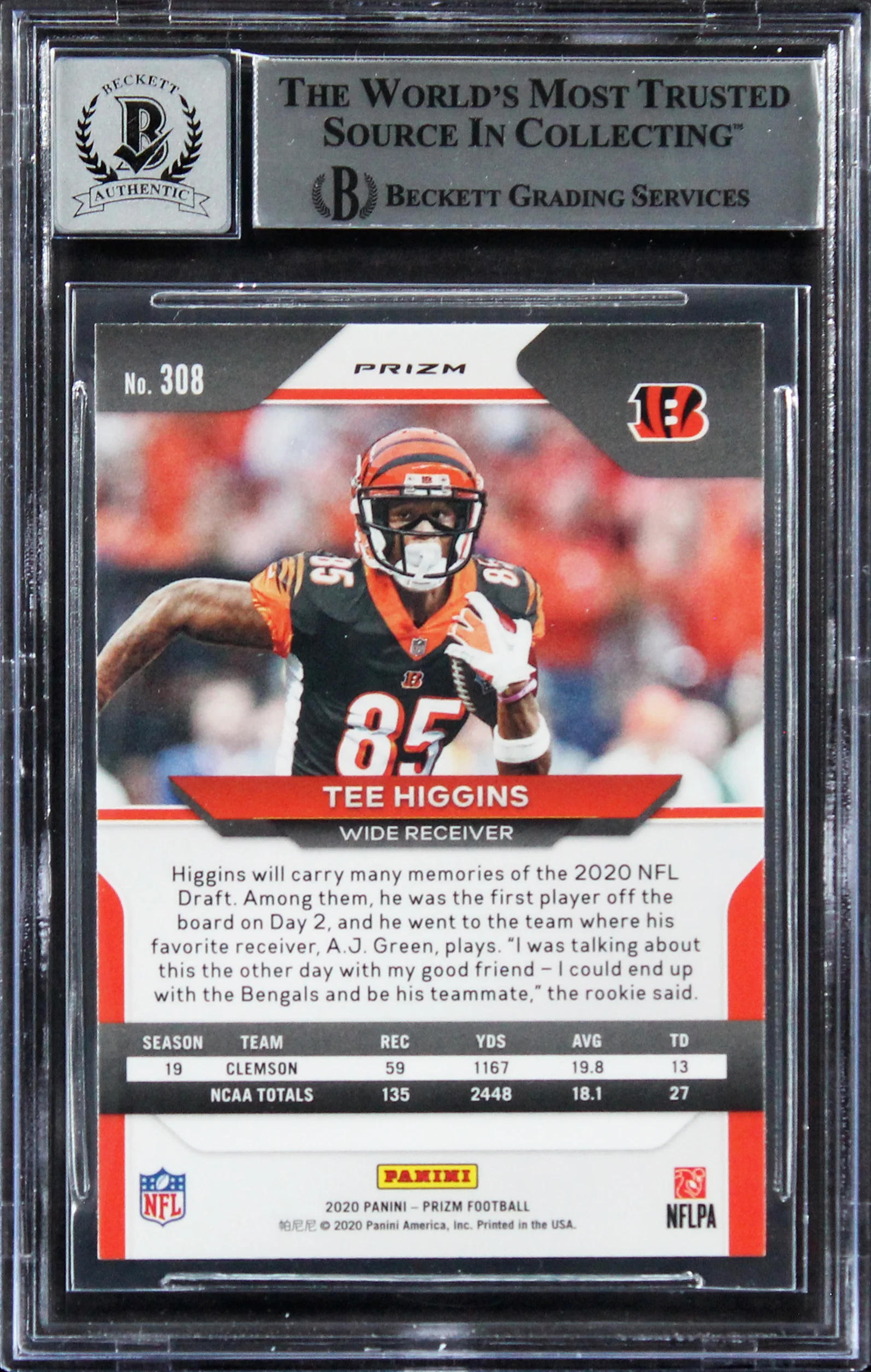 Tee Higgins Signed 2020 Panini Prizm Orange Lazer #308 RC Card Auto 10! BAS Slab - Image 3