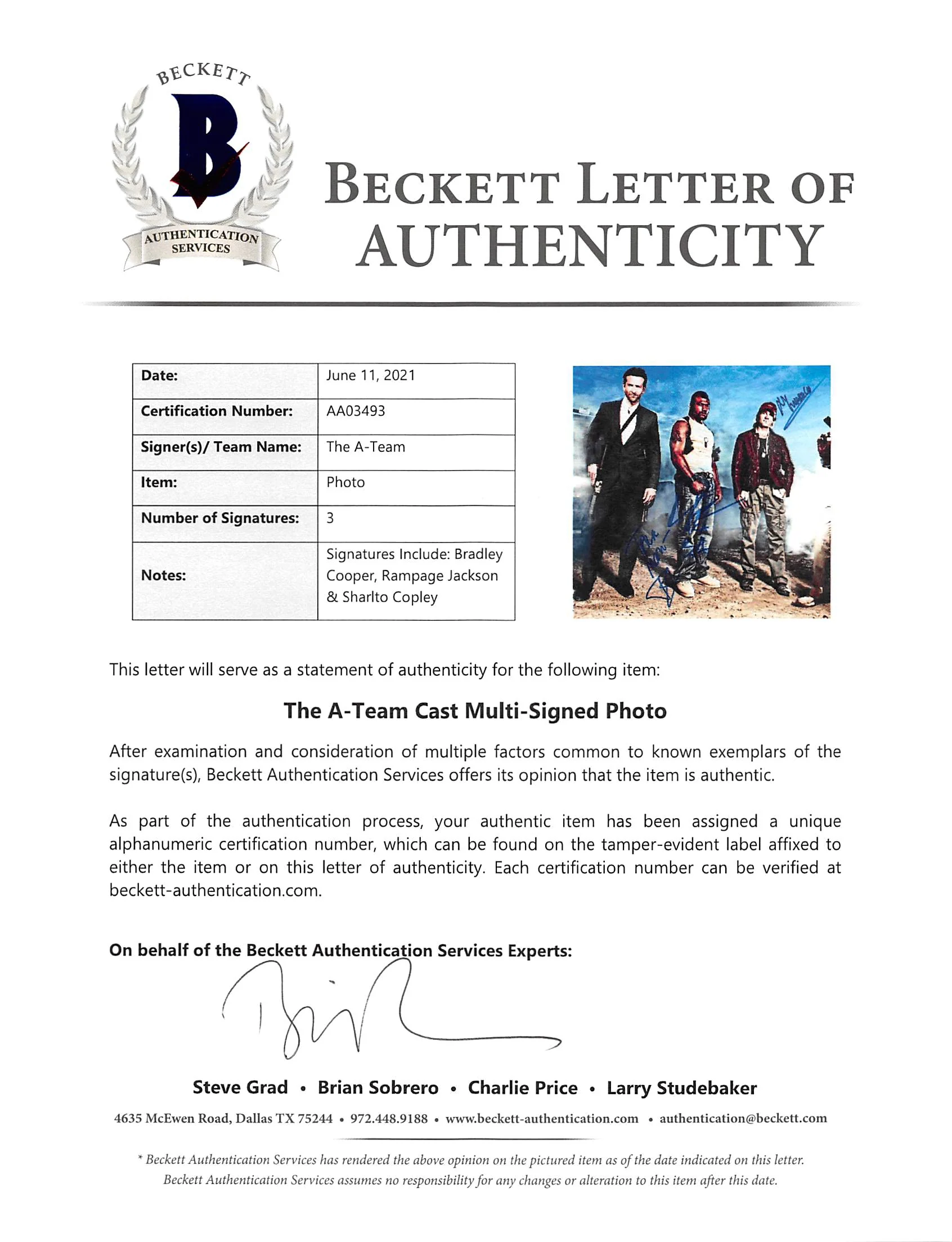 The A-Team (3) Bradley Cooper, Jackson & Copley Signed 12x18 Photo BAS #AA03493 - Image 4
