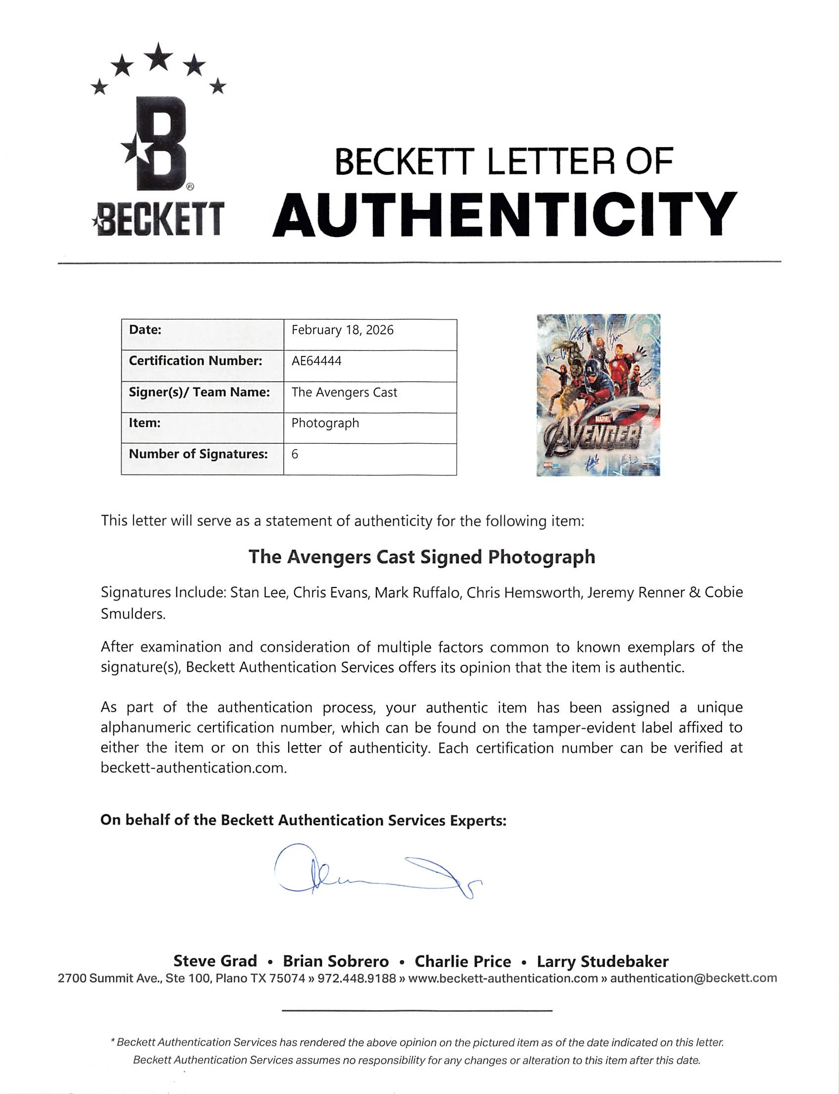 The Avengers Cast (6) Lee, Evans, Ruffalo, Hemsworth +2 Signed 16x20 Photo BAS - Image 5