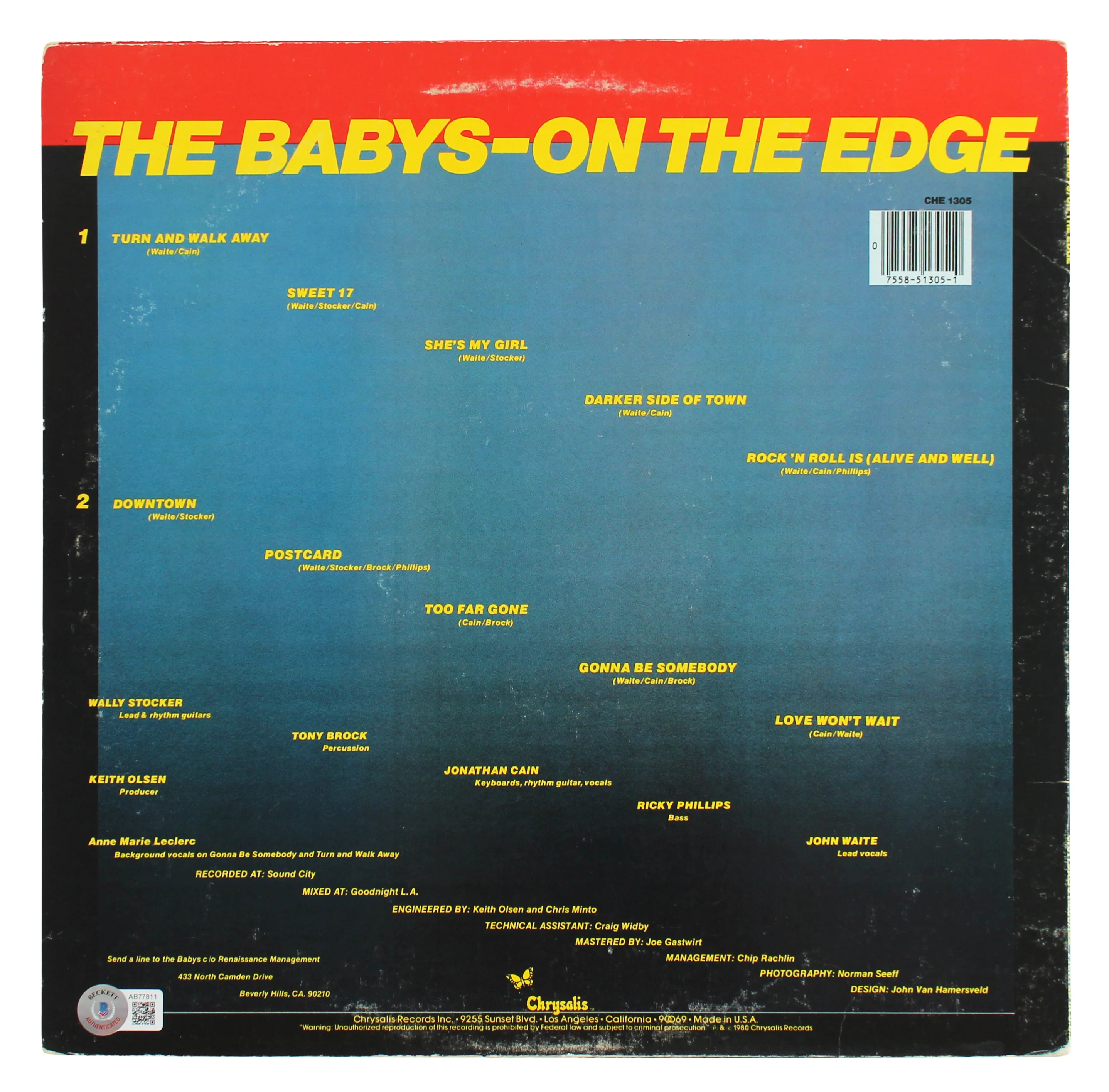 The Babys (3) Waite, Brock & Stocker Signed On The Edge Album Cover BAS #AB77811 - Image 5