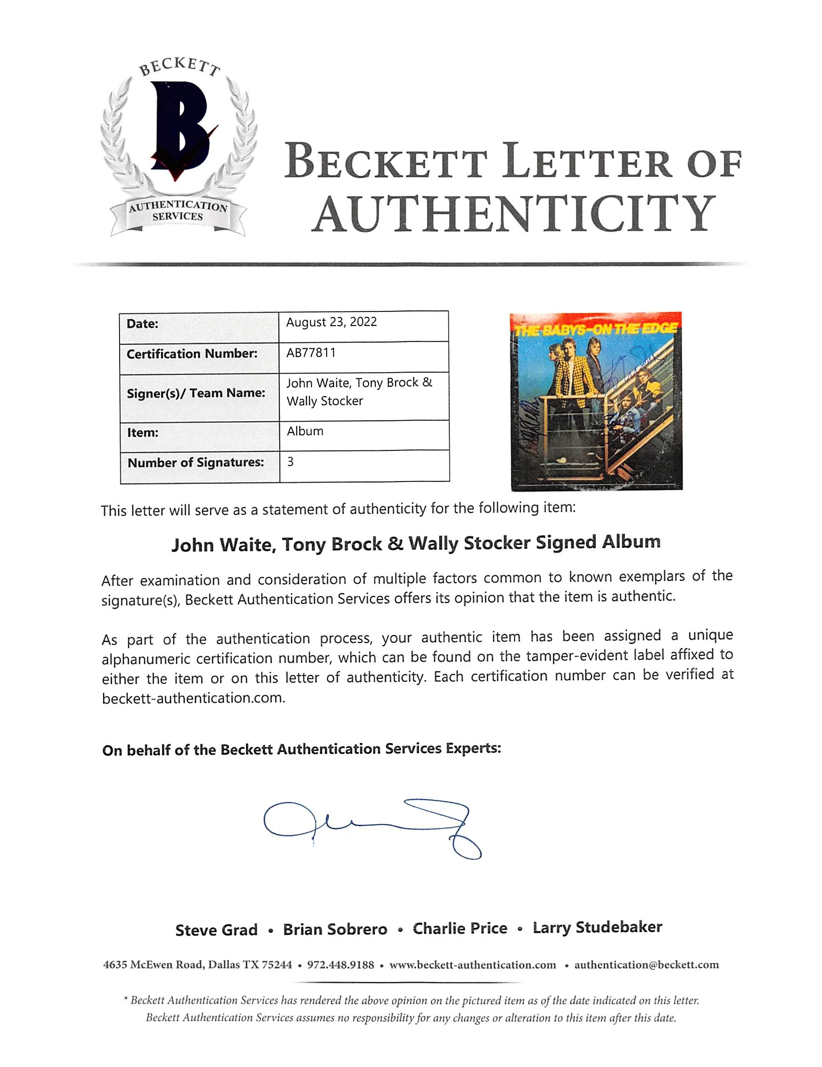 The Babys (3) Waite, Brock & Stocker Signed On The Edge Album Cover BAS #AB77811 - Image 6