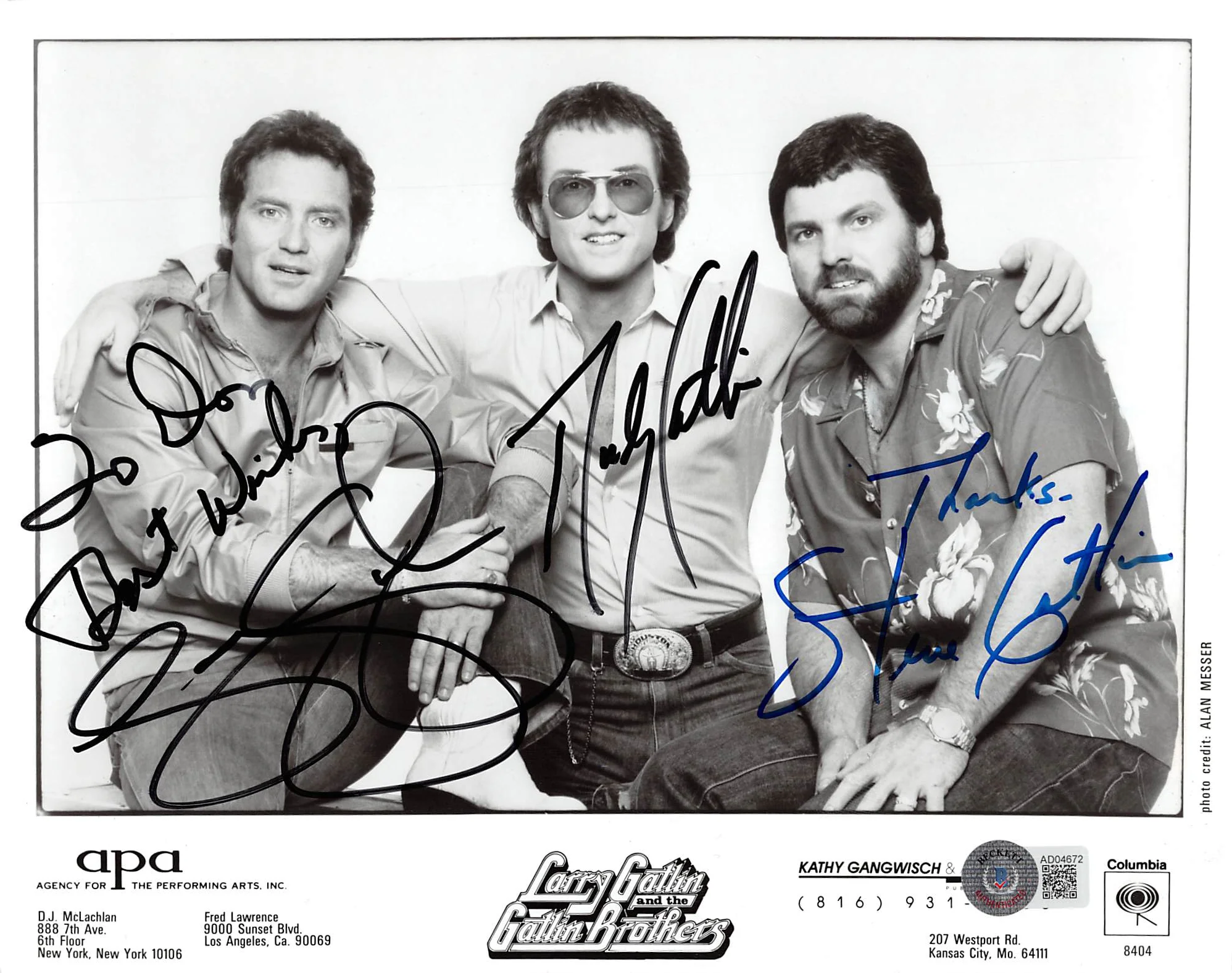 The Gatlin Brothers (3) Steve, Larry & Rudy Signed 8x10 B&W Photo BAS #AD04672 - Image 2