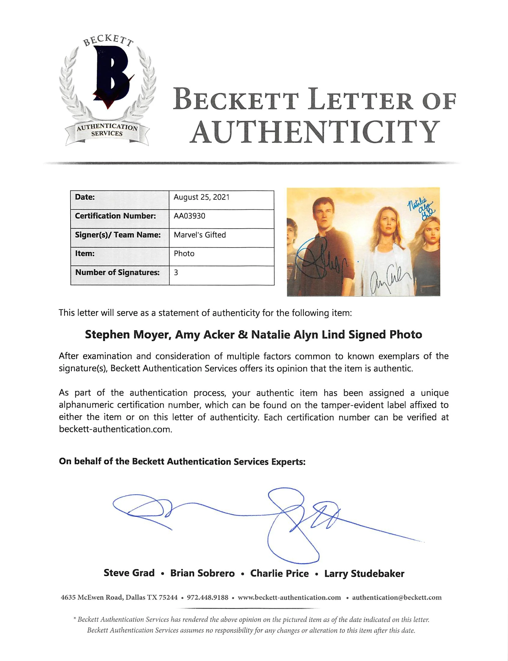 The Gifted (3) Moyer, Acker & Lind Authentic Signed 11x14 Photo BAS #AA03930 - Image 3