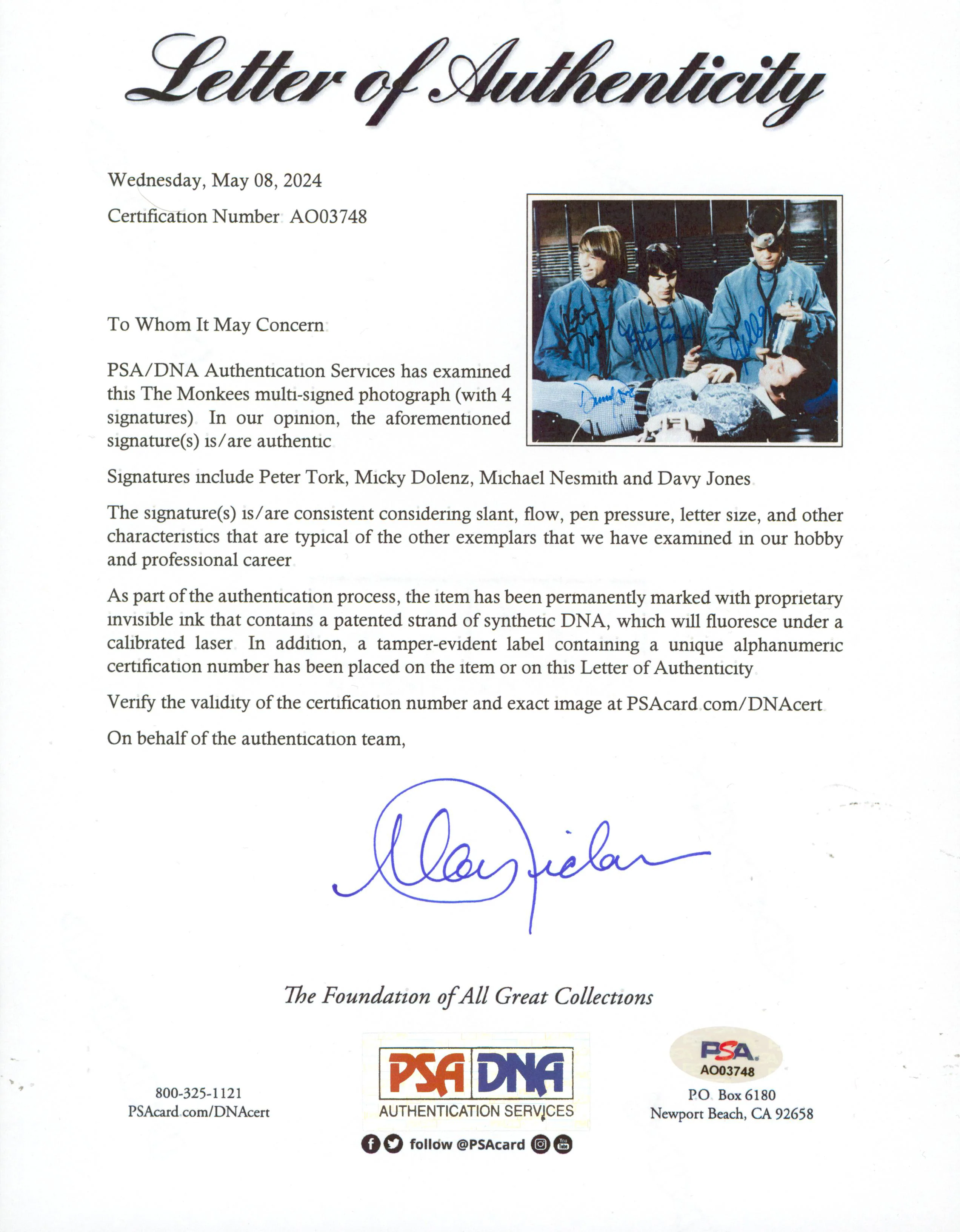 The Monkees (4) Tork, Dolenz, Nesmith & Jones Signed 8x10 Photo PSA/DNA #AO03748 - Image 3