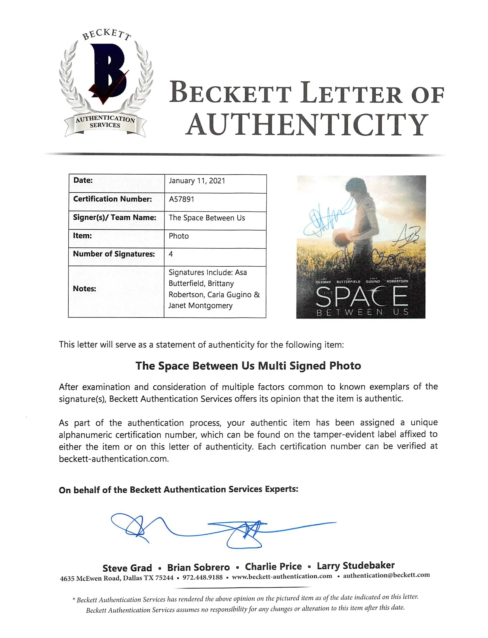 The Space Between Us (4) Butterfield, Robertson, +2 Signed 12x18 Photo BAS - Image 4