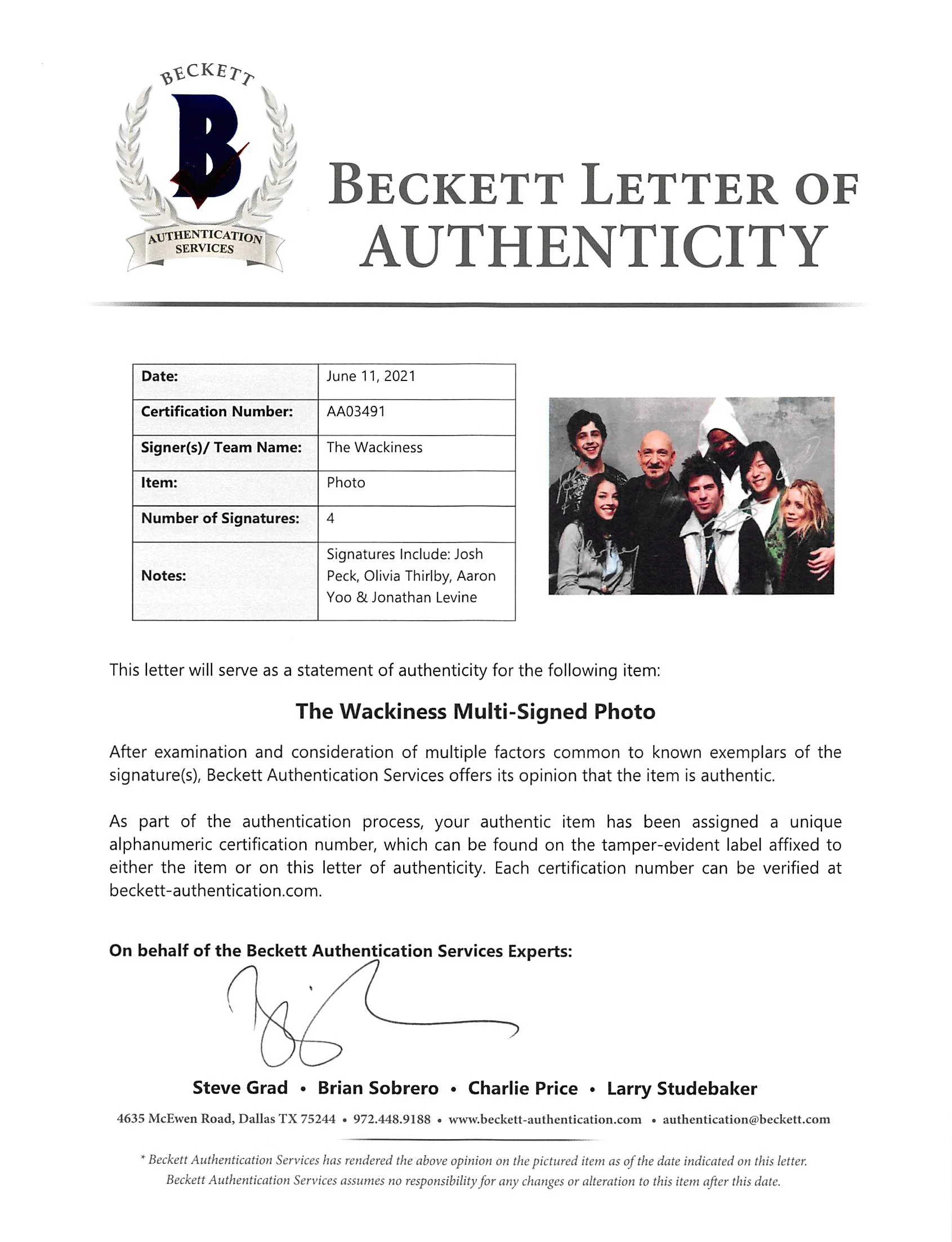 The Wackiness (4) Peck, Thirlby, Yoo & Levine Signed 12x18 Photo BAS #AA03491 - Image 5