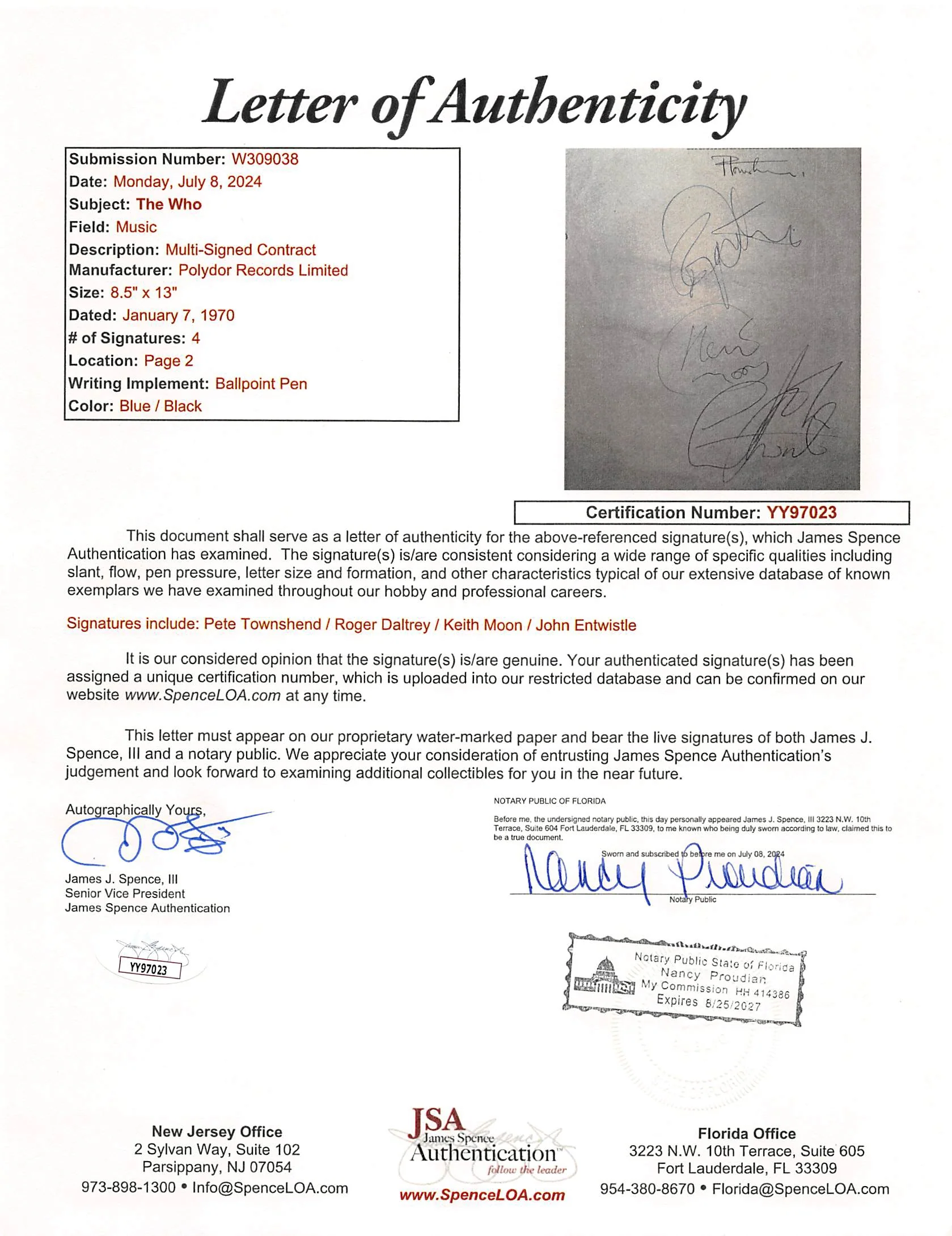 The Who (4) Townshend, Moon, Daltrey & Entwistle Signed Contract Addendum JSA - Image 8